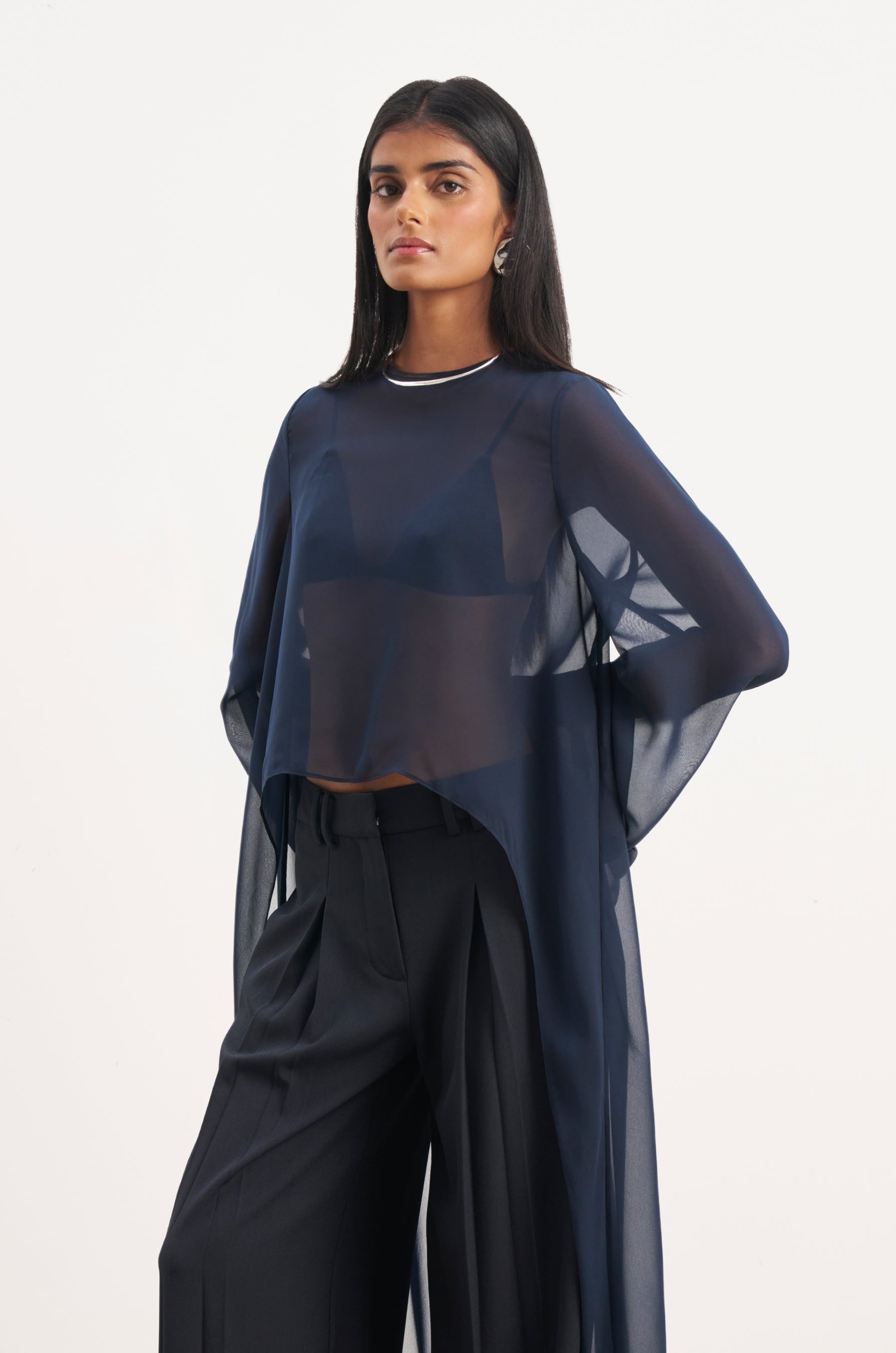 Sheer Chiffon Cape Blouse - Navy