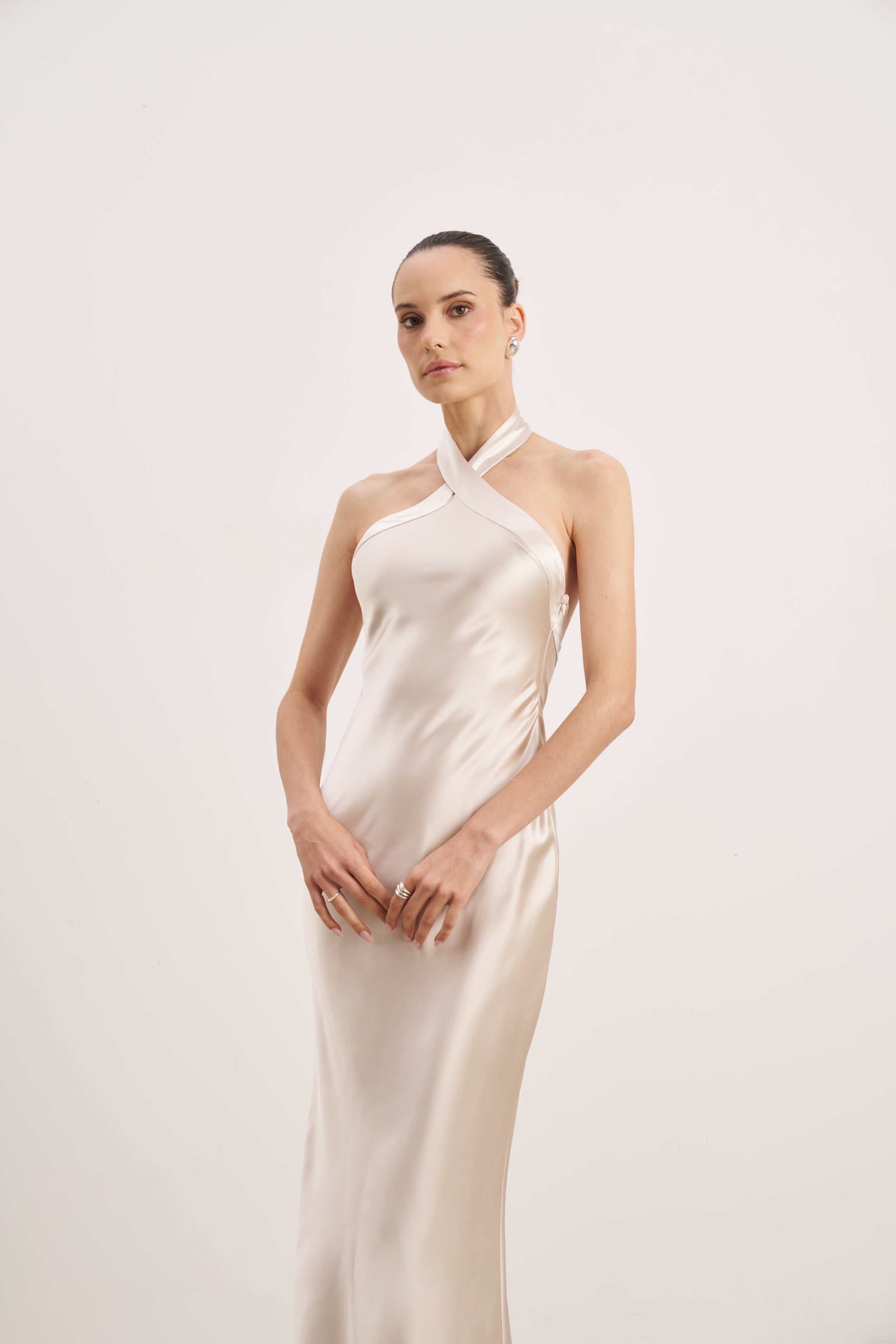 Satin Cross Strap Halter Gown - Champagne