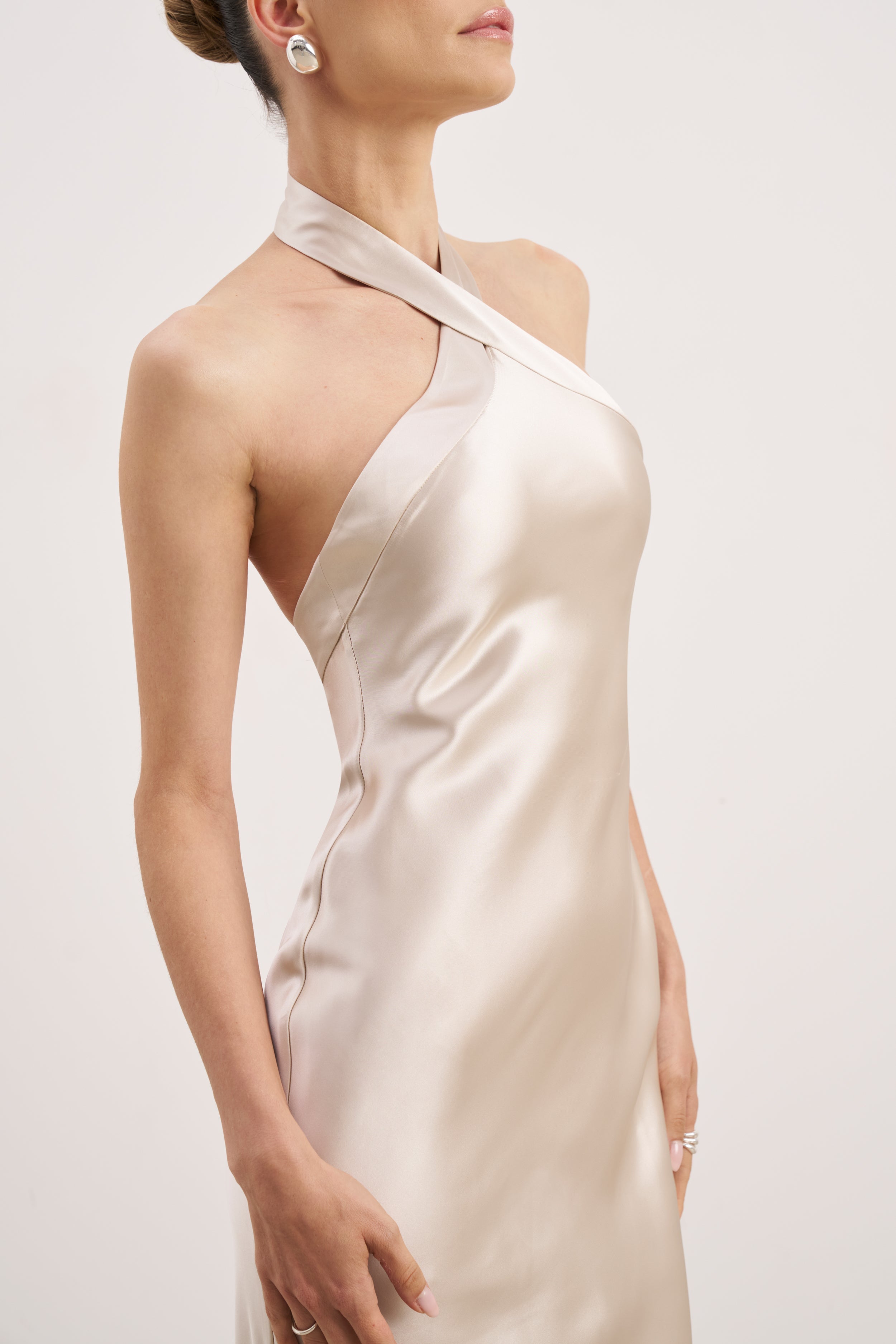 Satin Cross Strap Halter Gown - Champagne