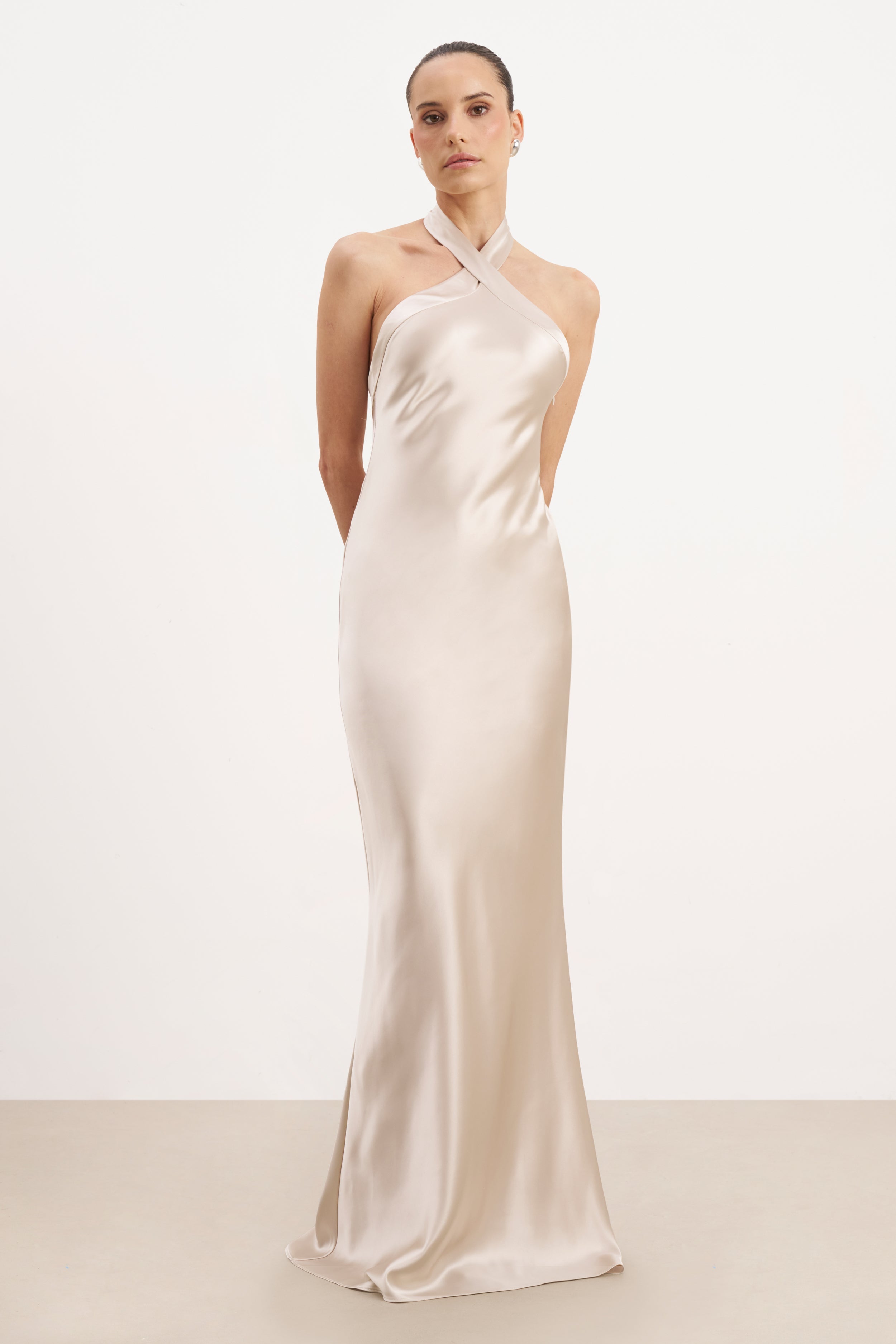 Satin Cross Strap Halter Gown - Champagne