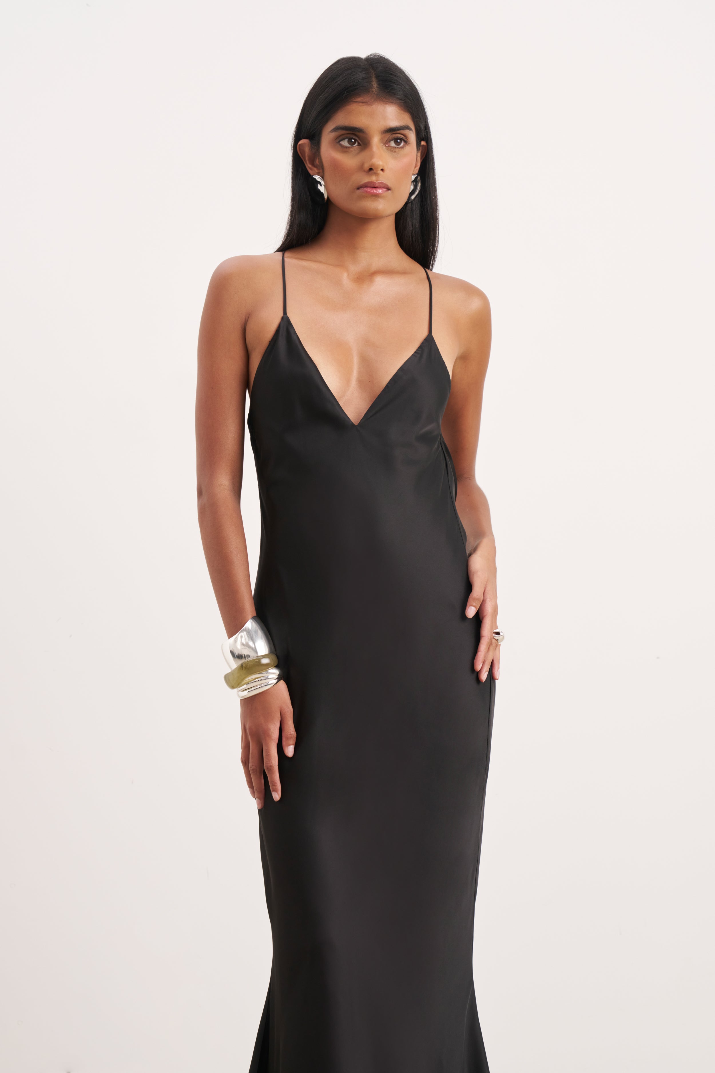 Satin Slinky Cowl Back Gown - Black