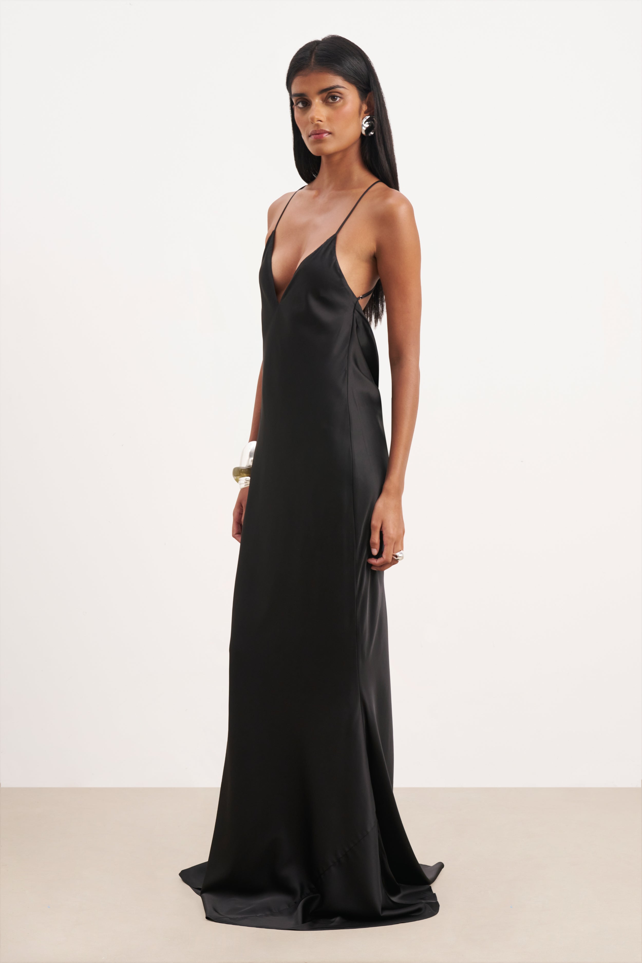Satin Slinky Cowl Back Gown - Black