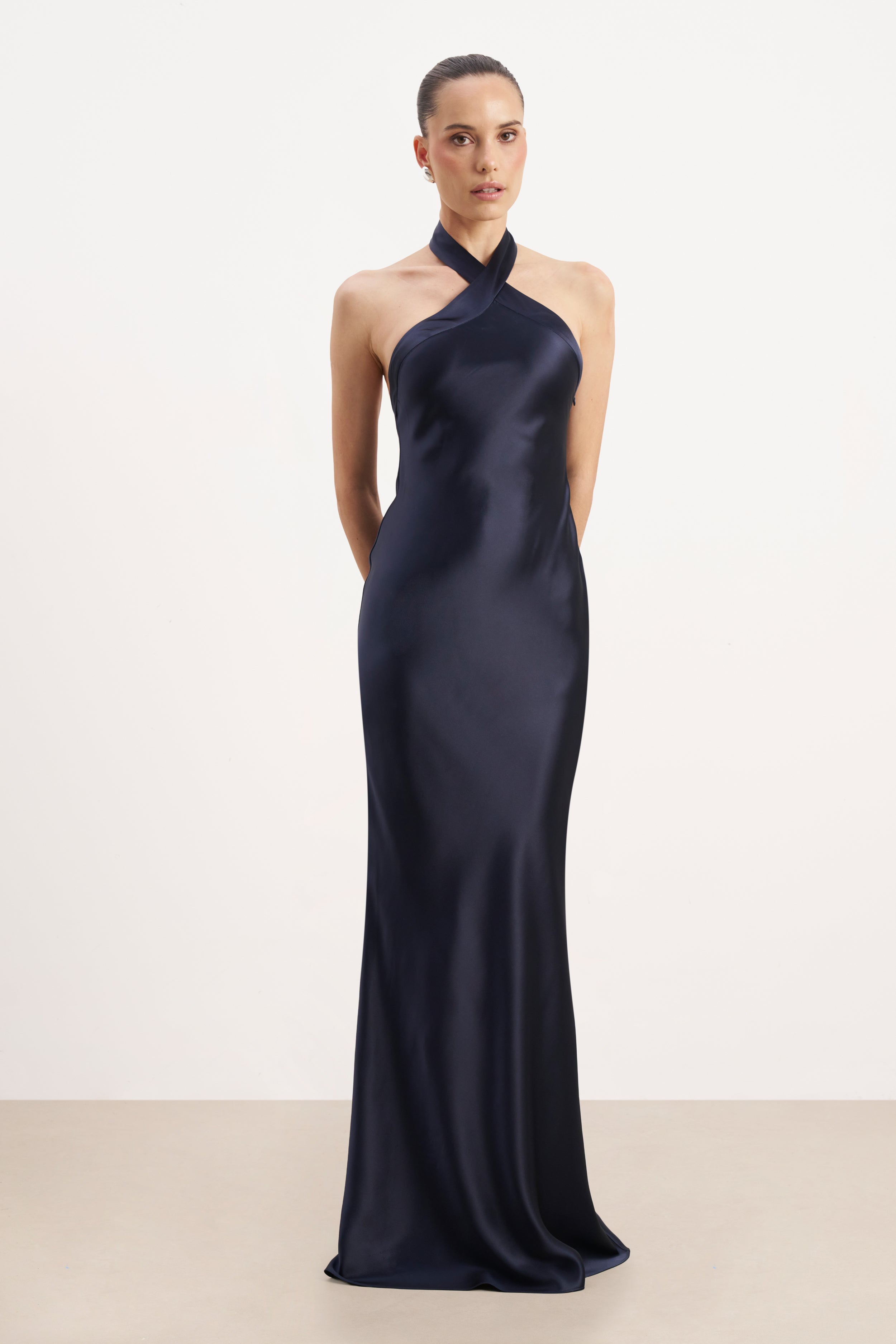 Satin Cross Strap Halter Gown - Navy