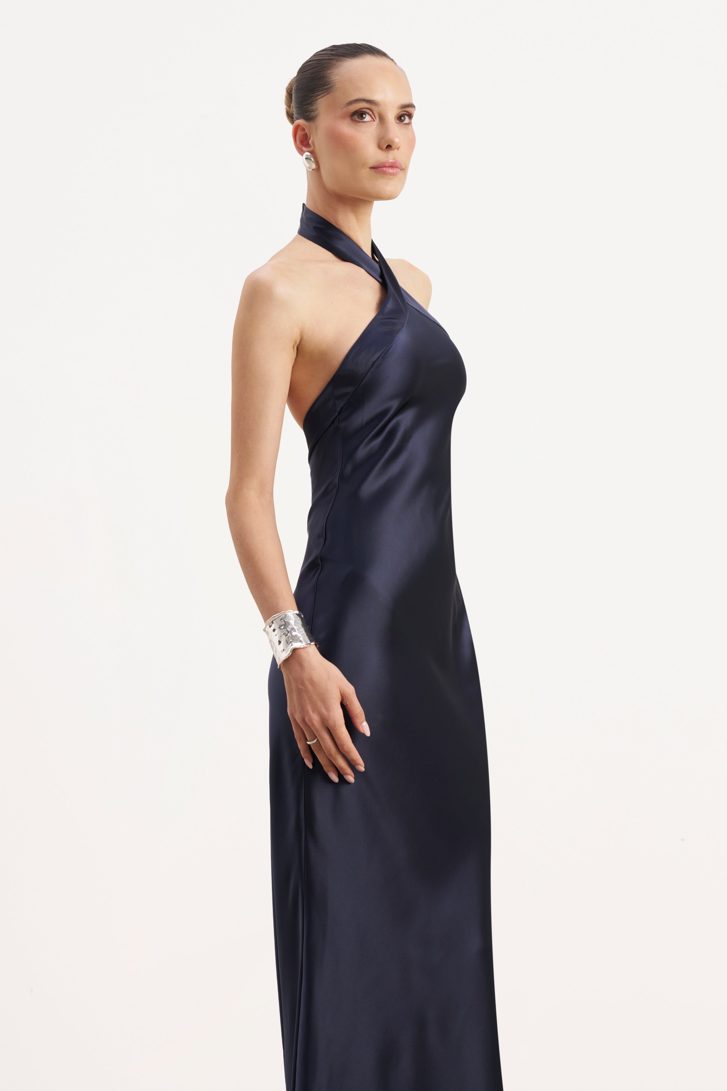 Satin Cross Strap Halter Gown - Navy