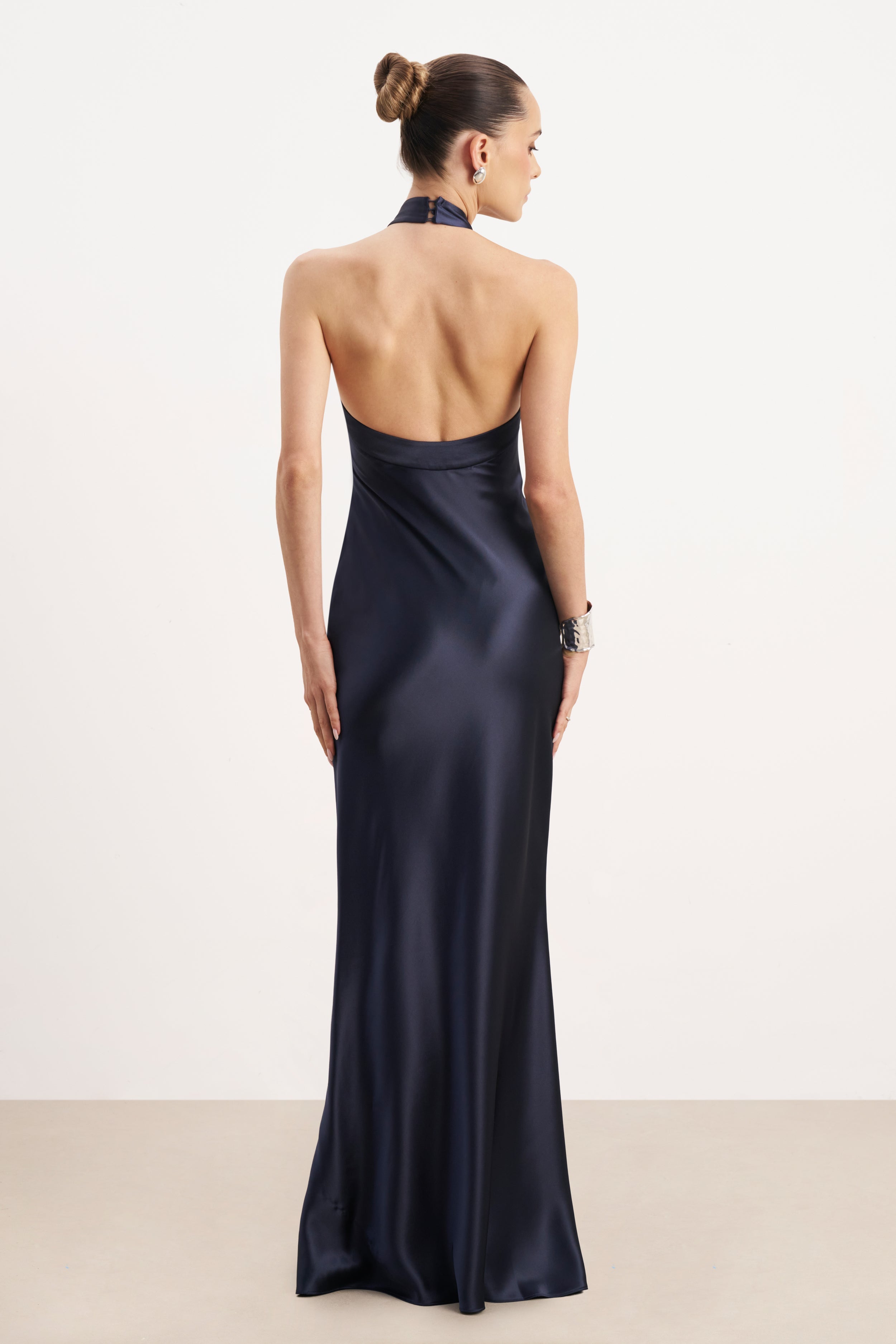 Satin Cross Strap Halter Gown - Navy