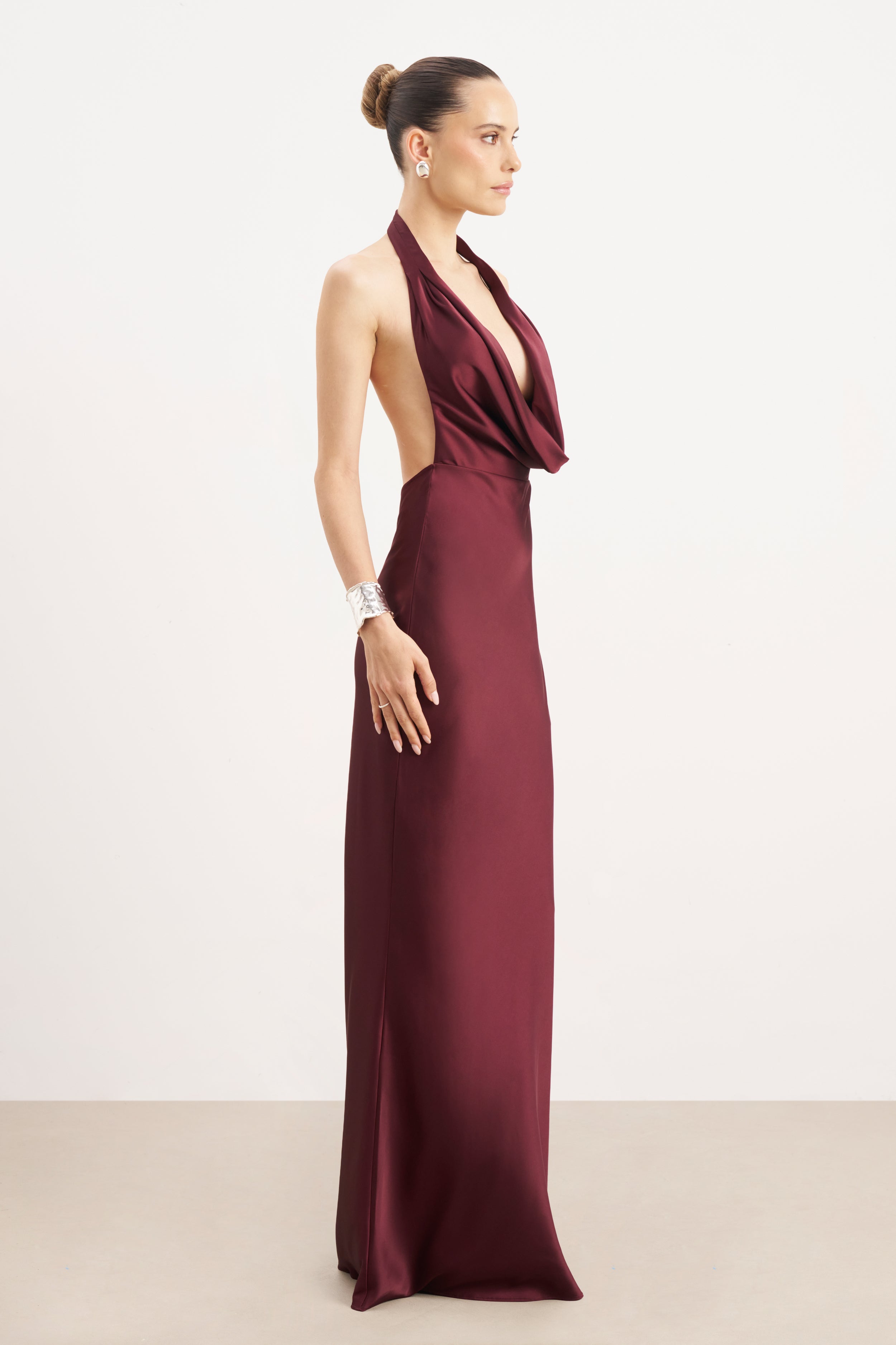 Satin Plunging Cowl Neck Maxi Dress - Mulberry