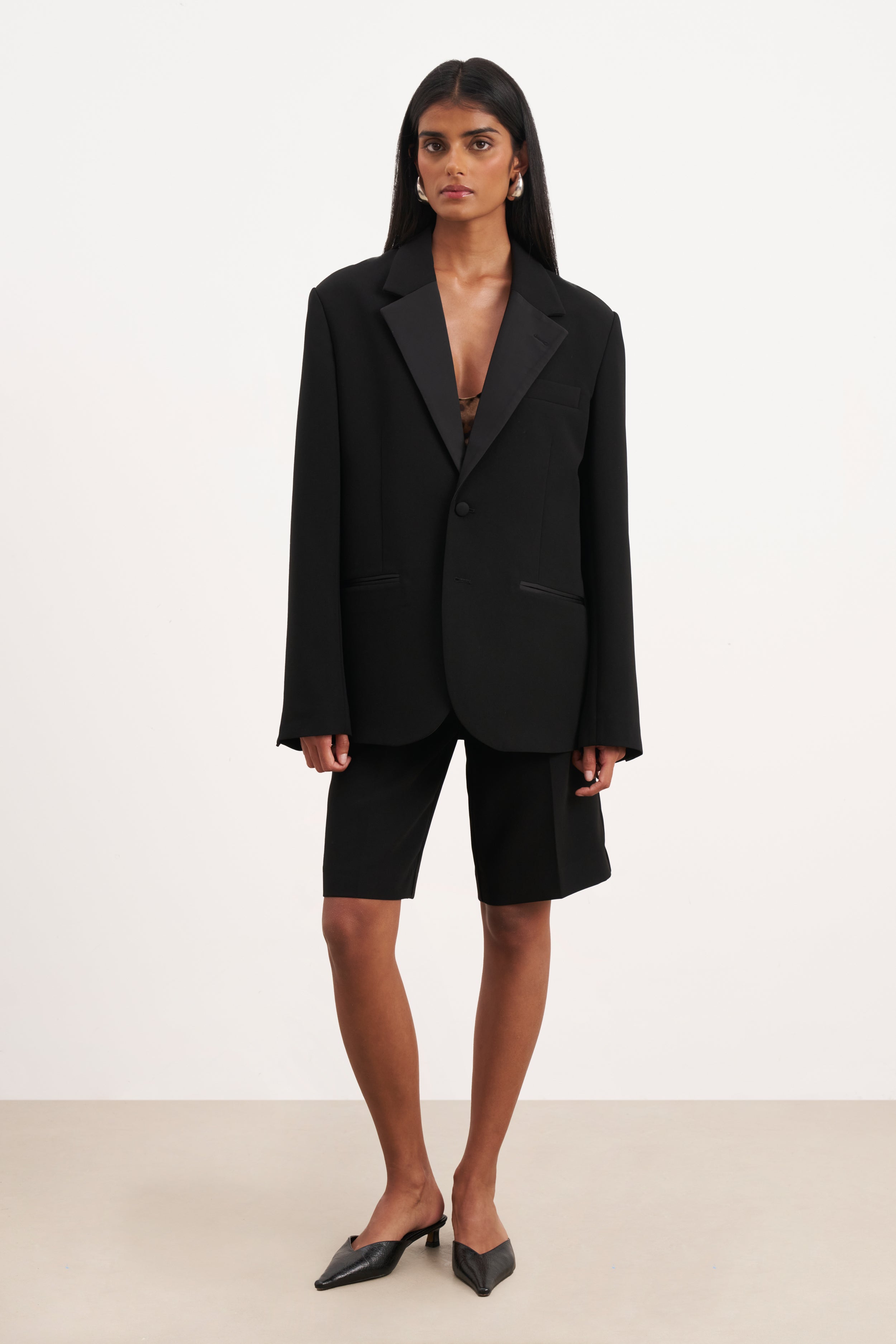 Satin Detail Single Breasted Blazer - Black