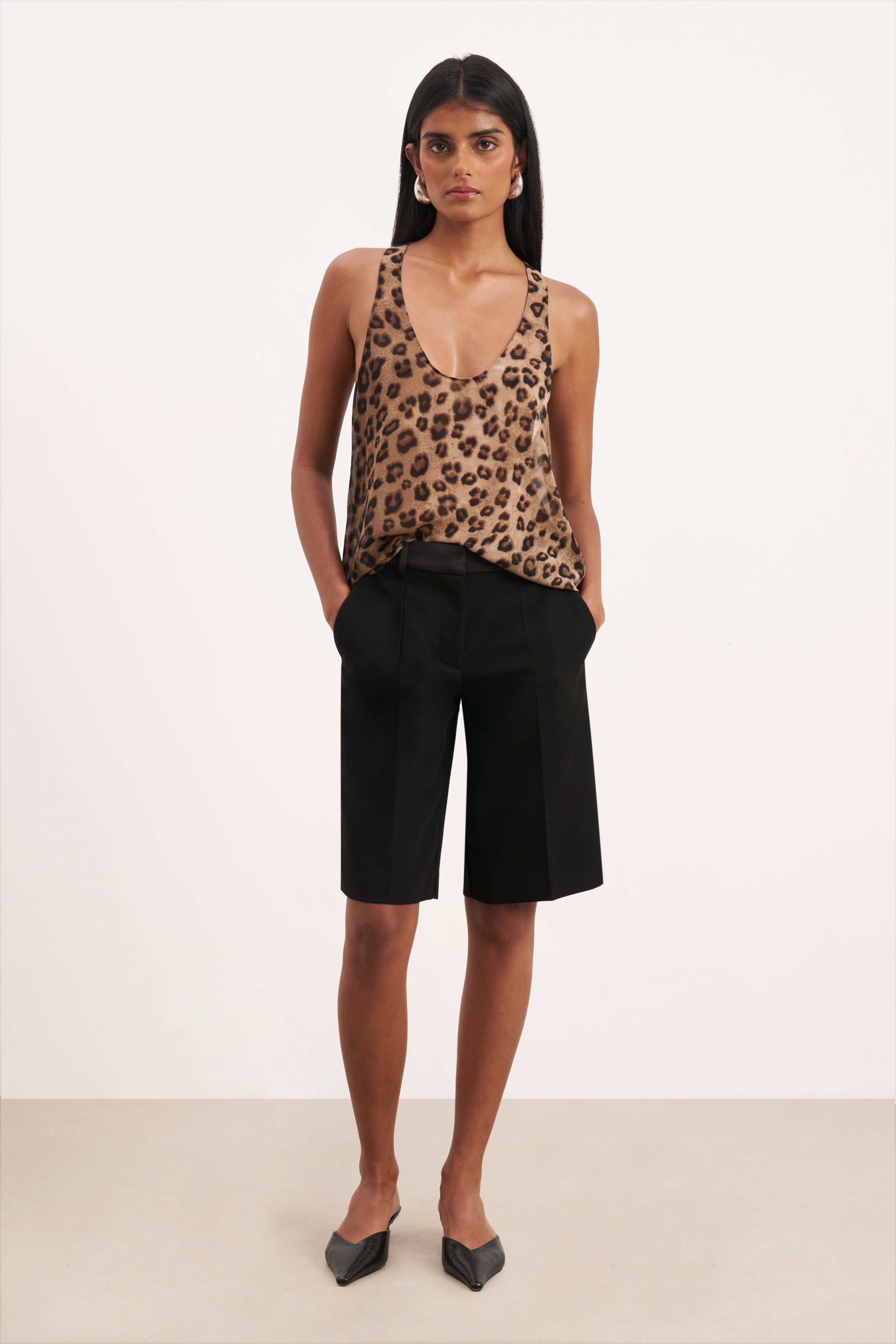 Sheer Plunge U Neck Tank Top - Leopard Print