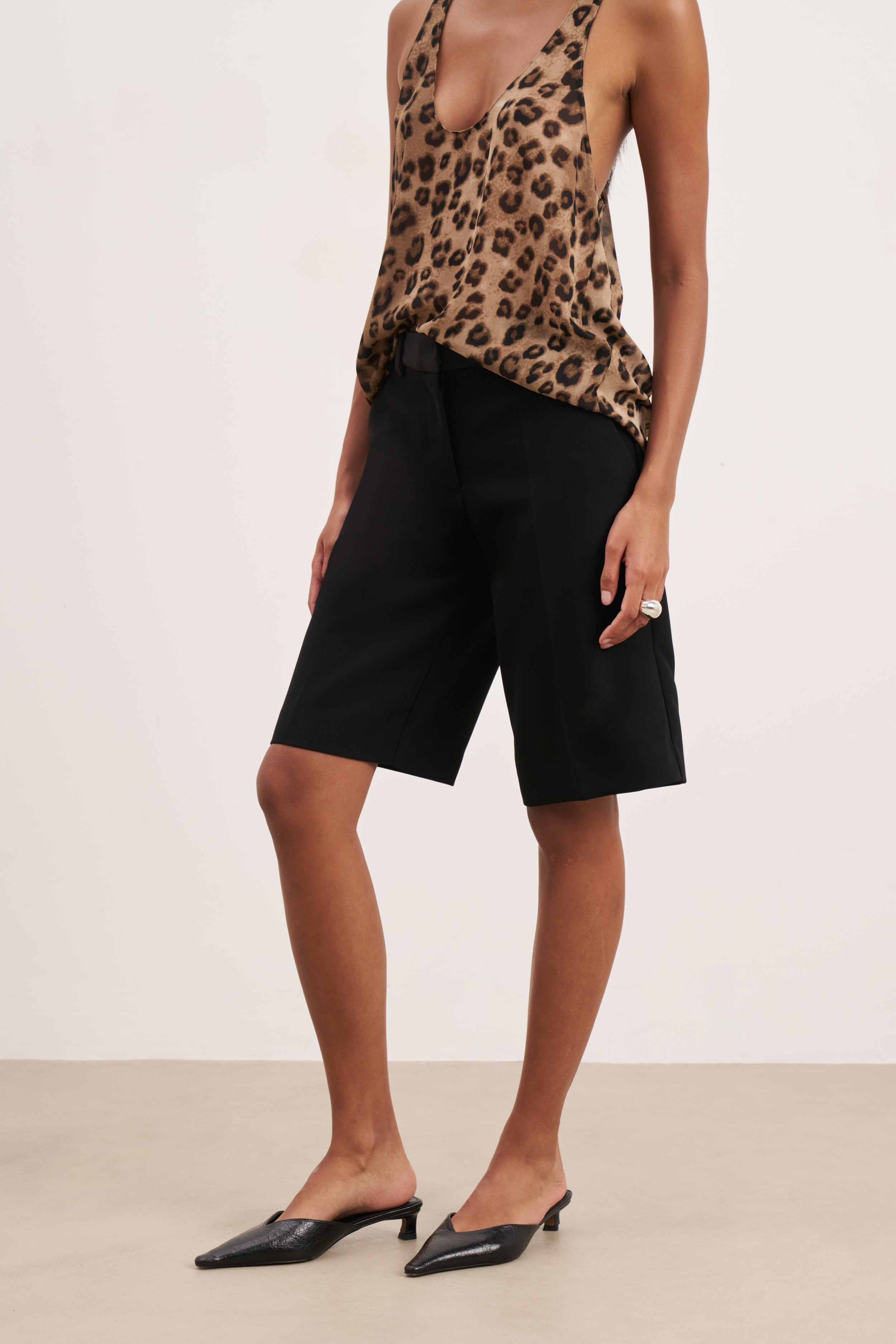 Satin Detail Longline Shorts - Black