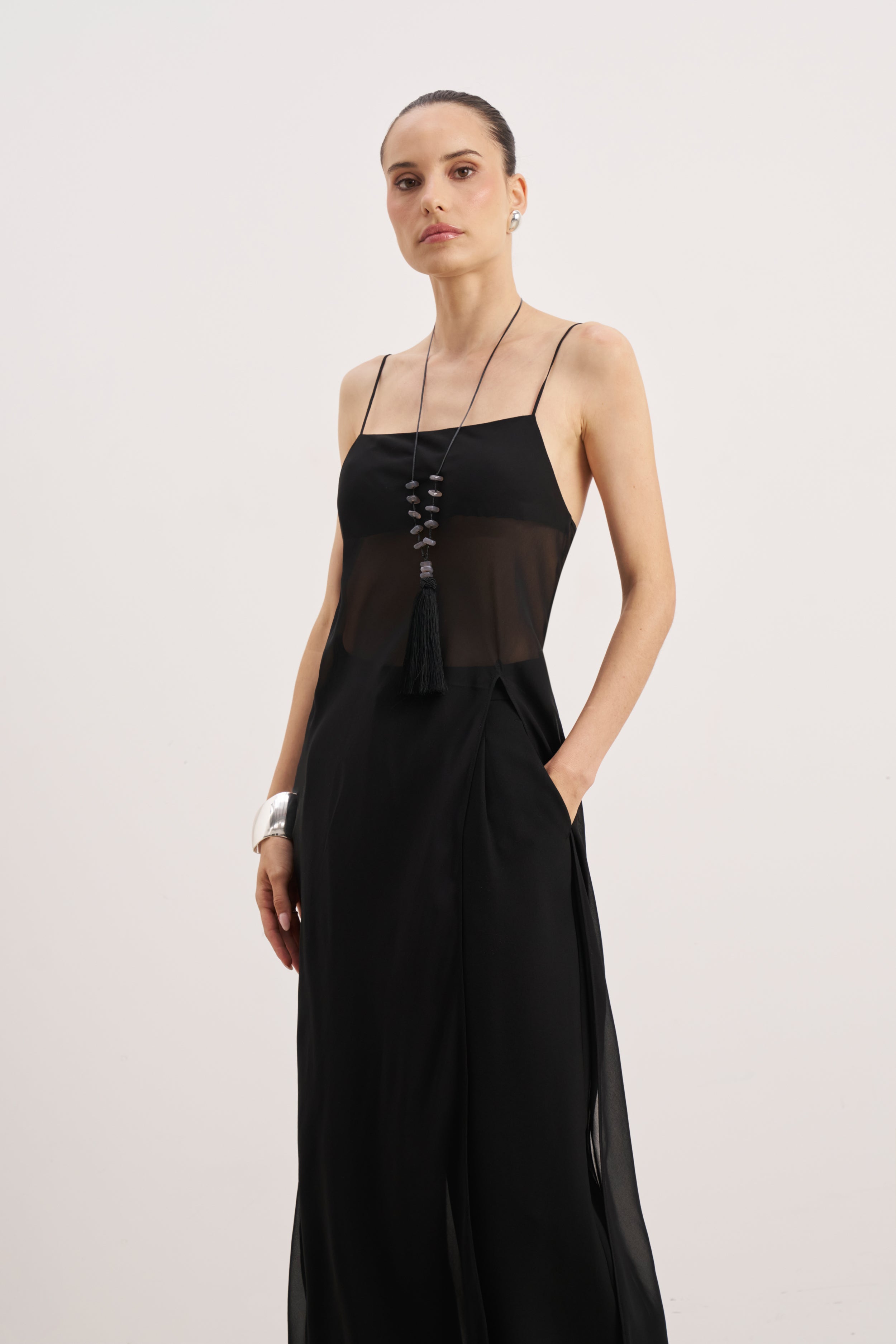 Sheer Chiffon Longline Camisole - Black