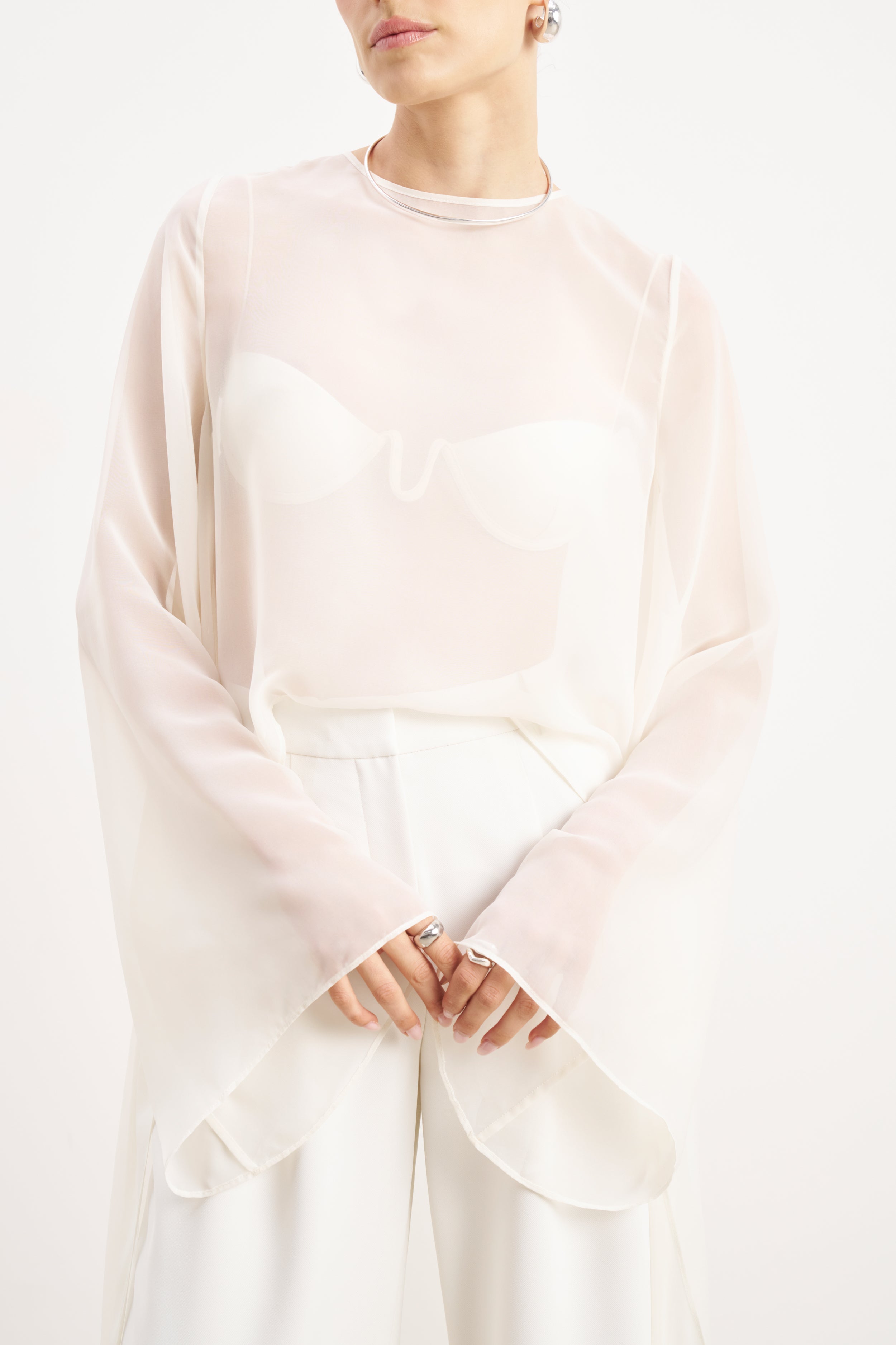 Sheer Chiffon Cape Blouse - Cream
