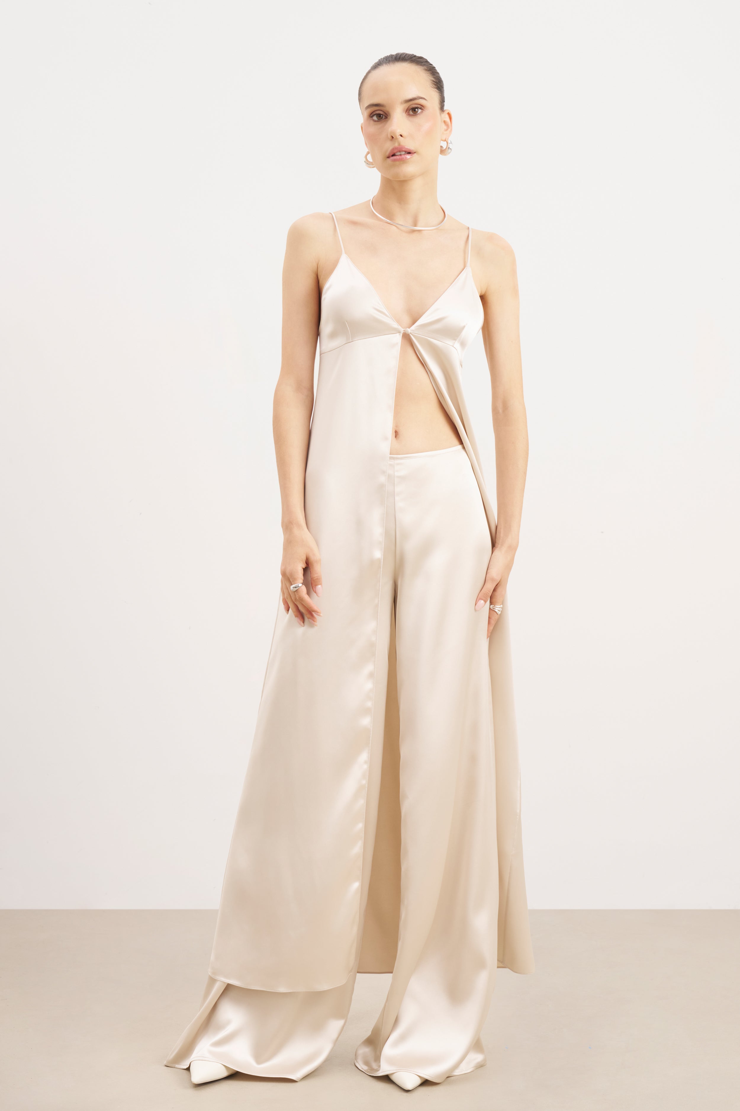 Formal Satin Ultra Wide Leg Trousers - Champagne