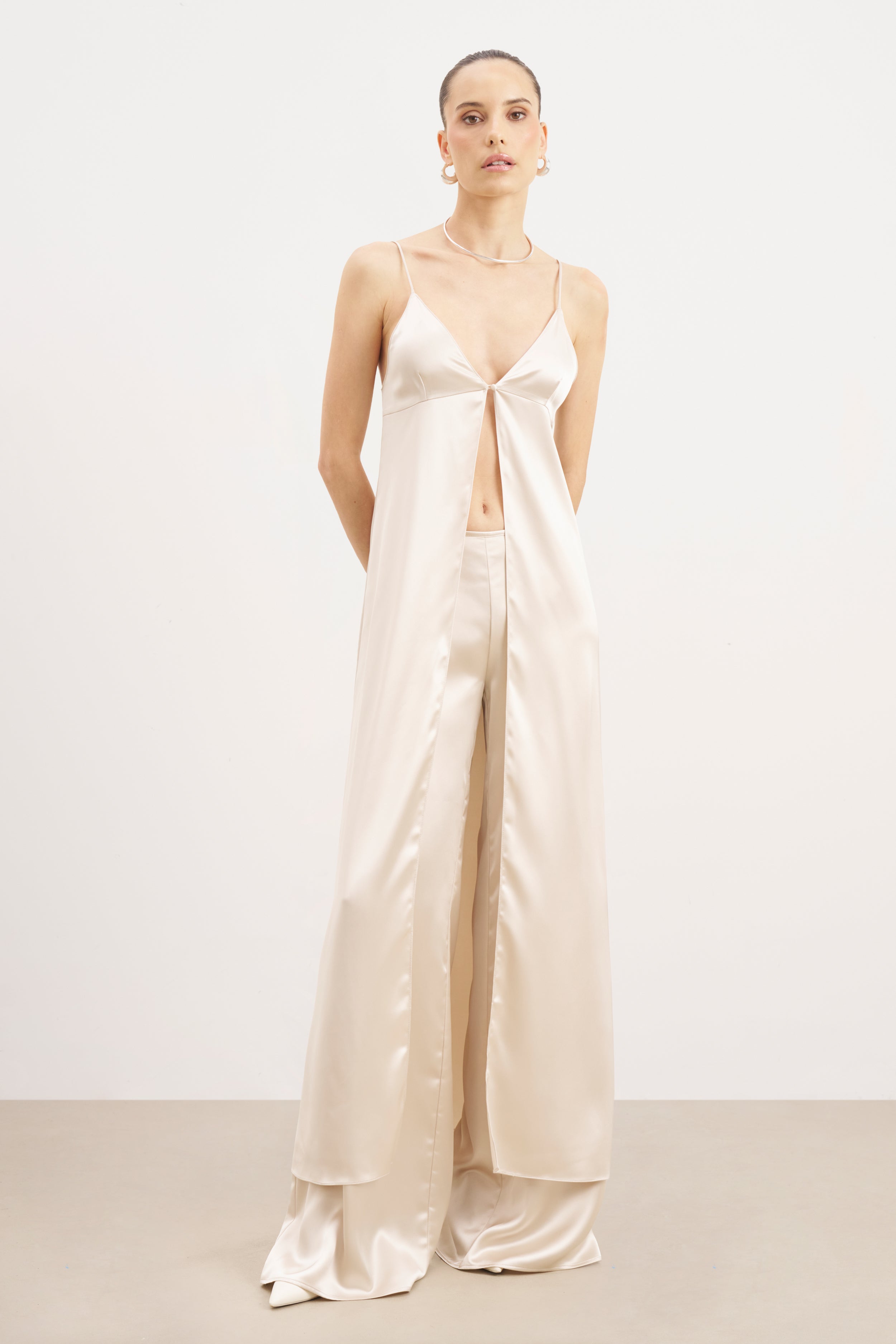 Satin V Neck Longline Camisole - Champagne