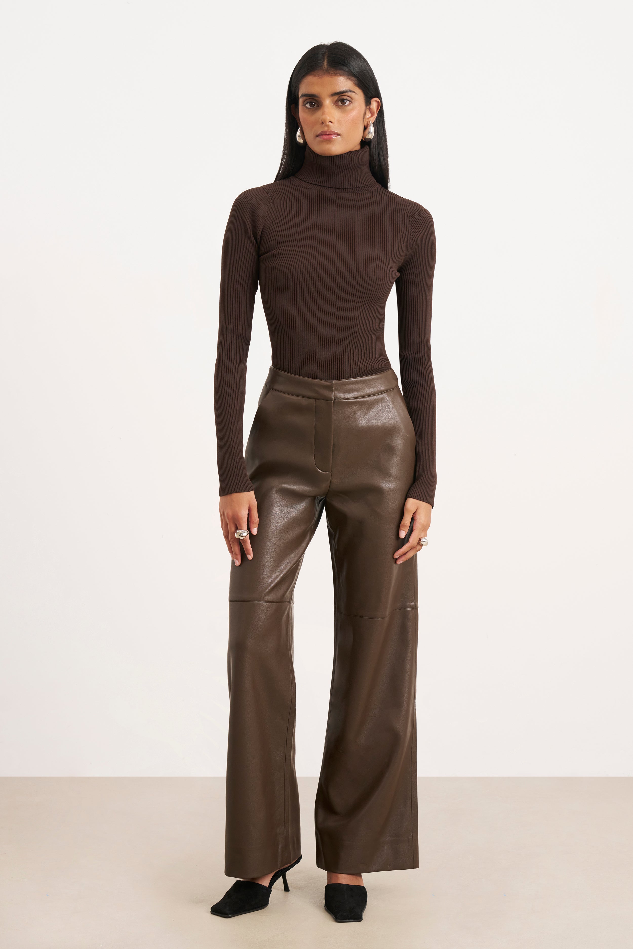 Tailored Leather Wide Leg Trousers - Carob