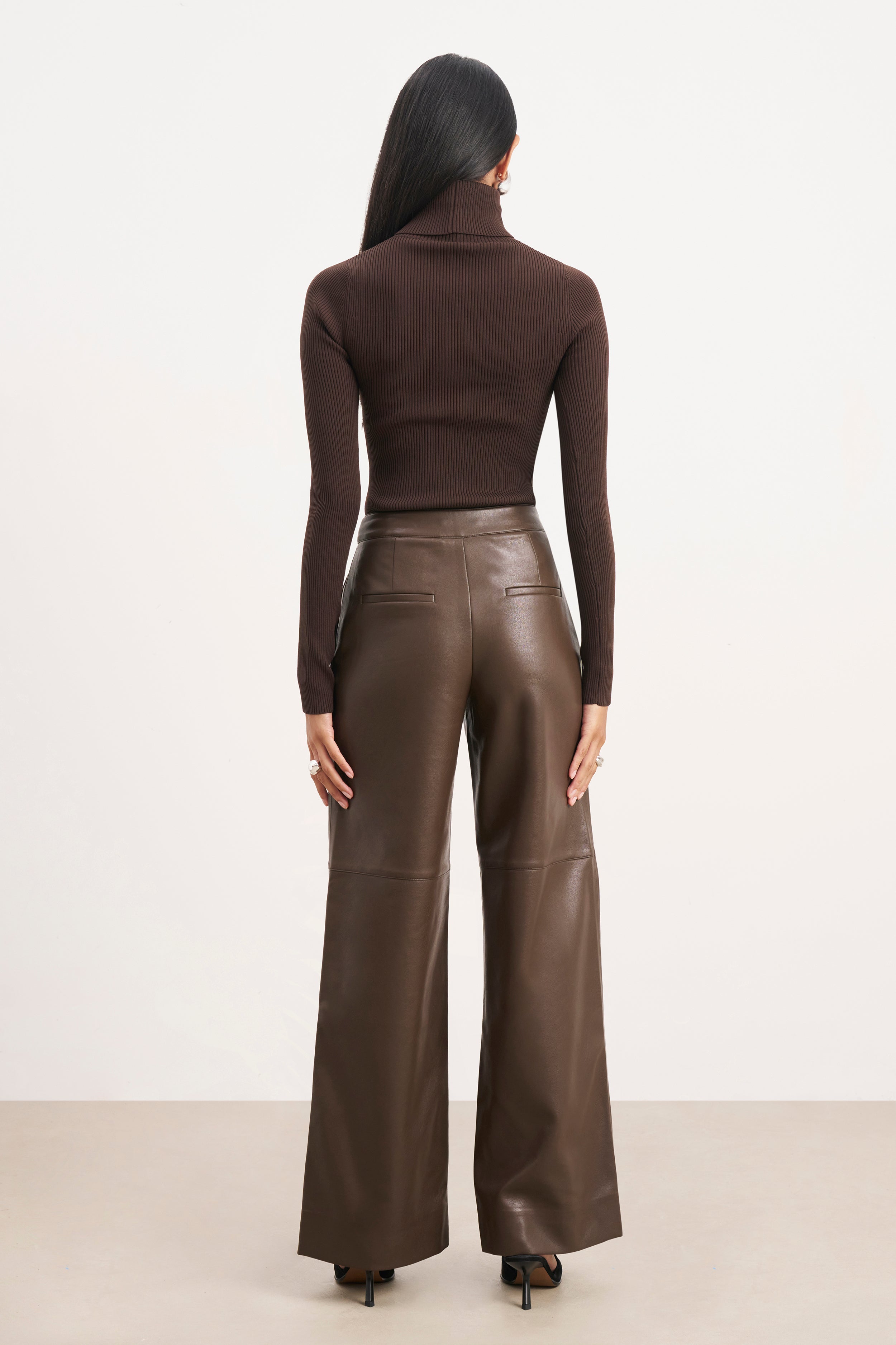 Tailored Leather Wide Leg Trousers - Carob