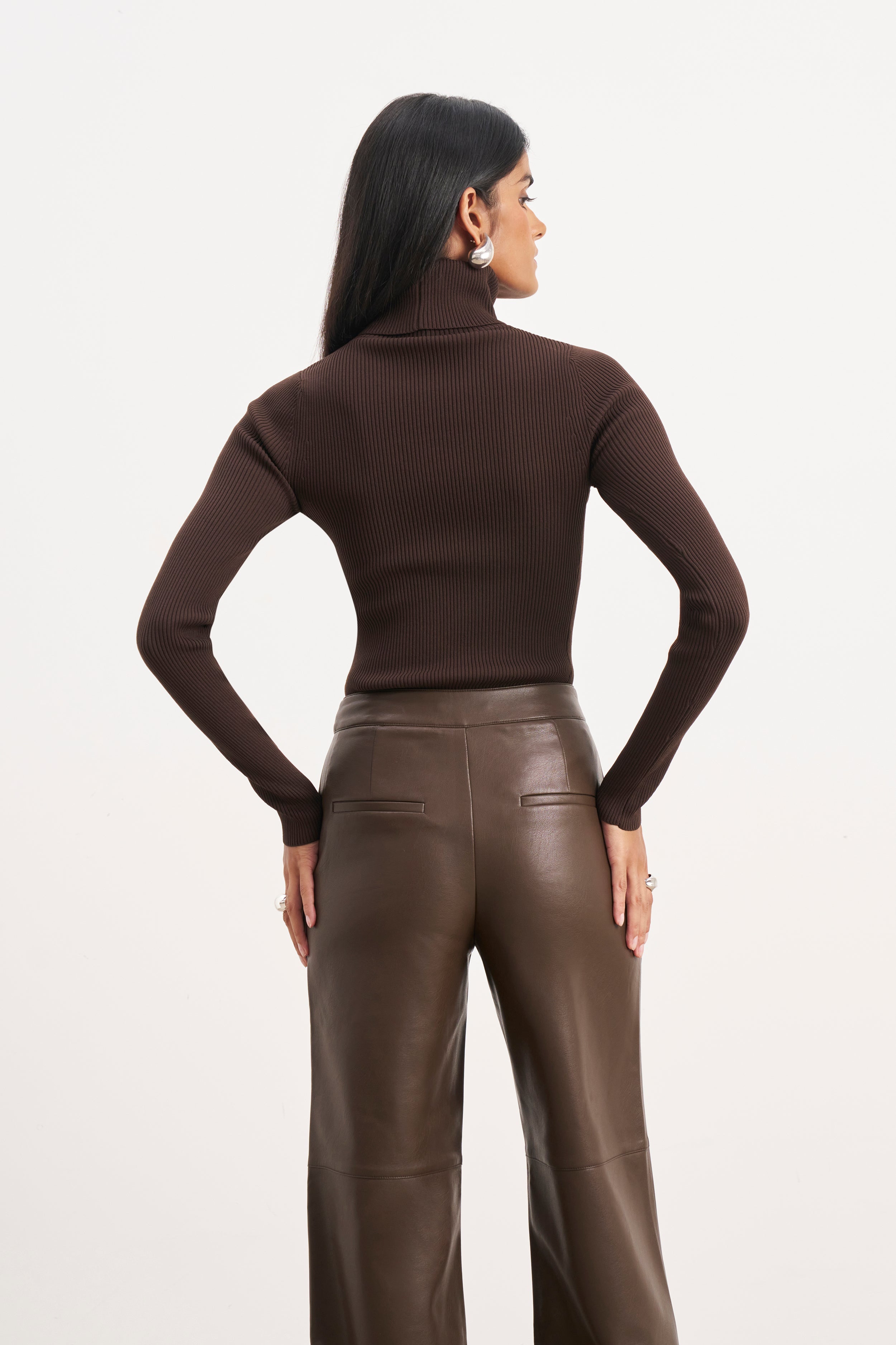 Tailored Leather Wide Leg Trousers - Carob