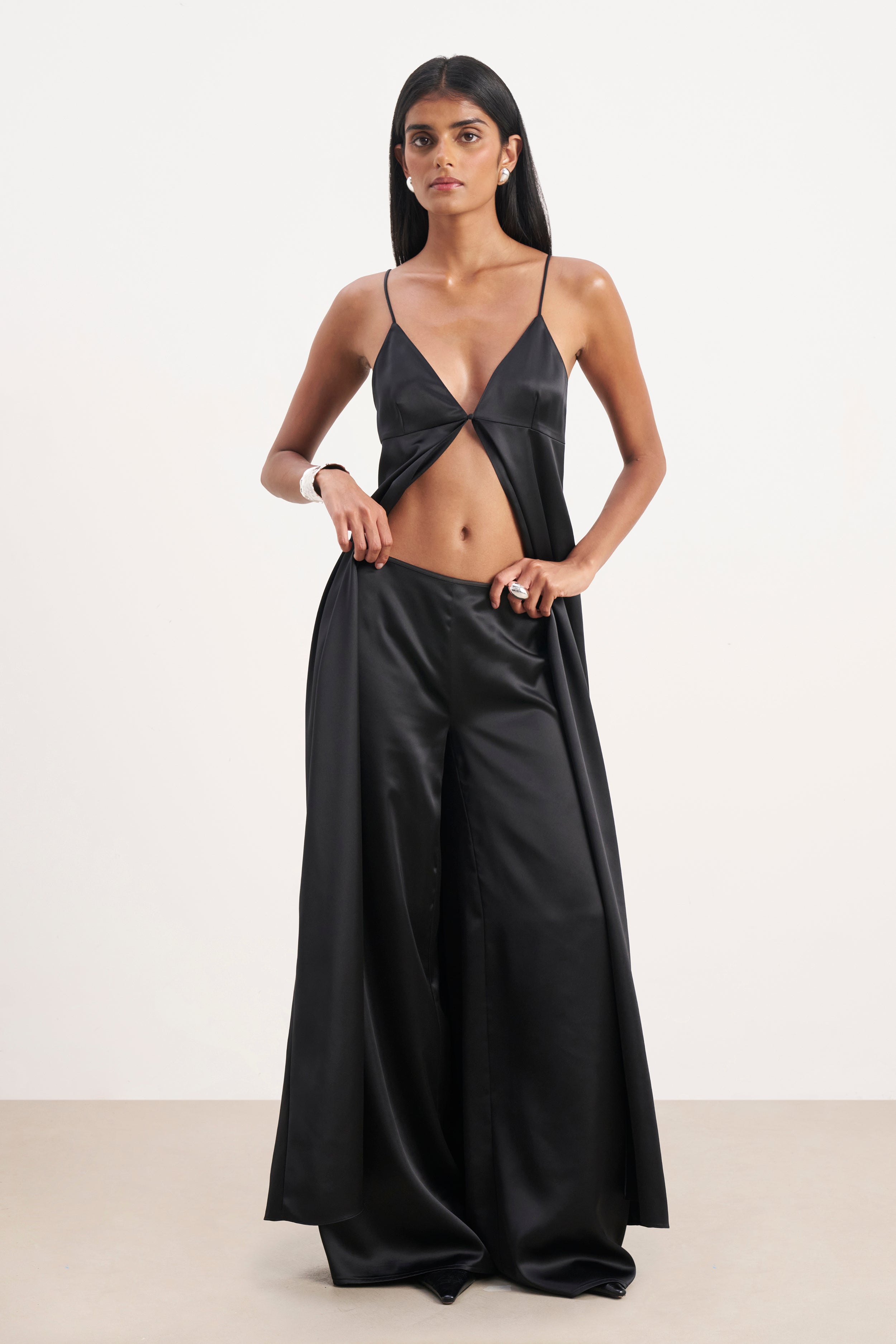 Satin V Neck Longline Camisole - Black