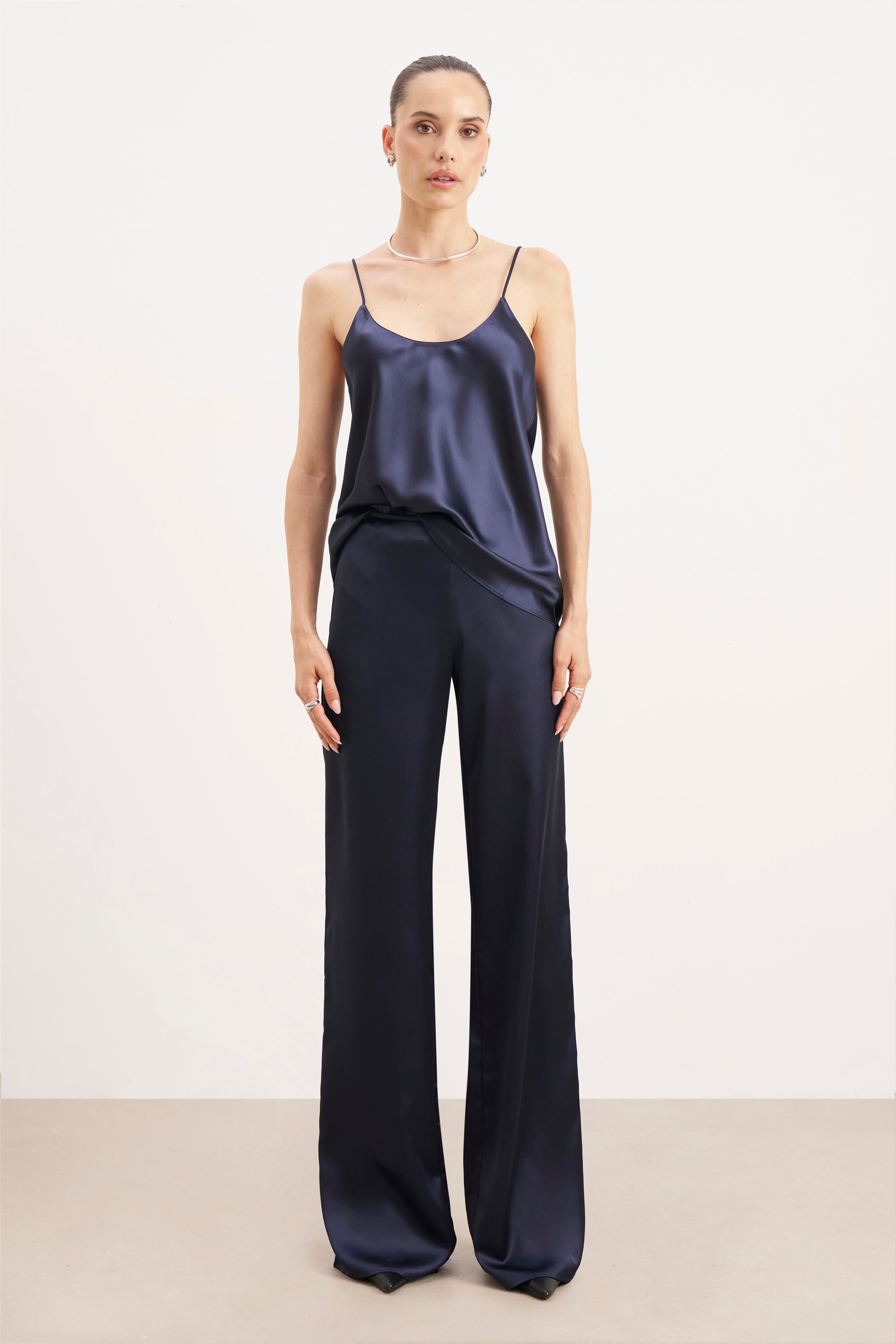 Formal Satin Straight Leg Trousers - Navy