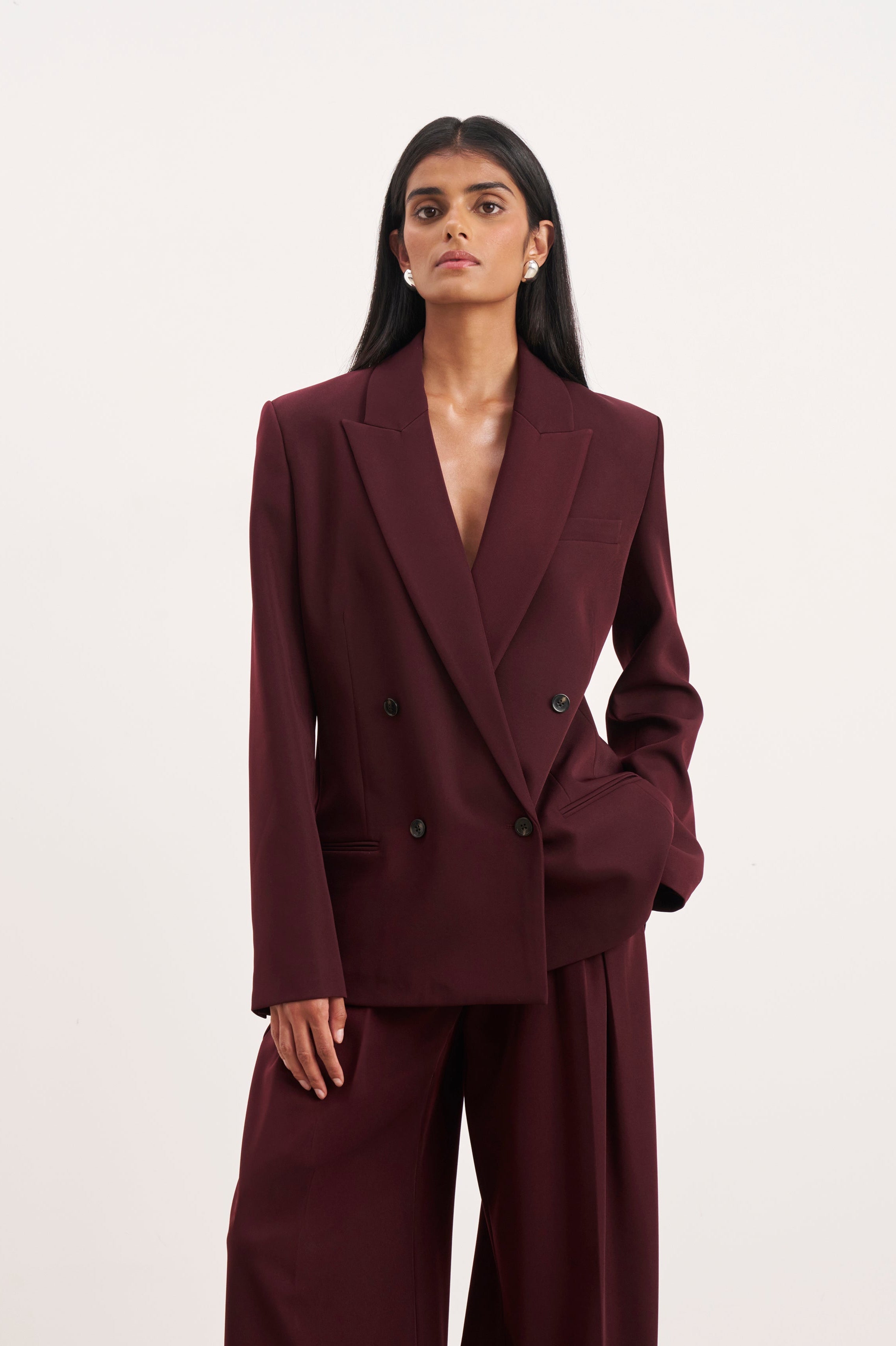 Dropped Waist Double Breasted Blazer - Mulberry