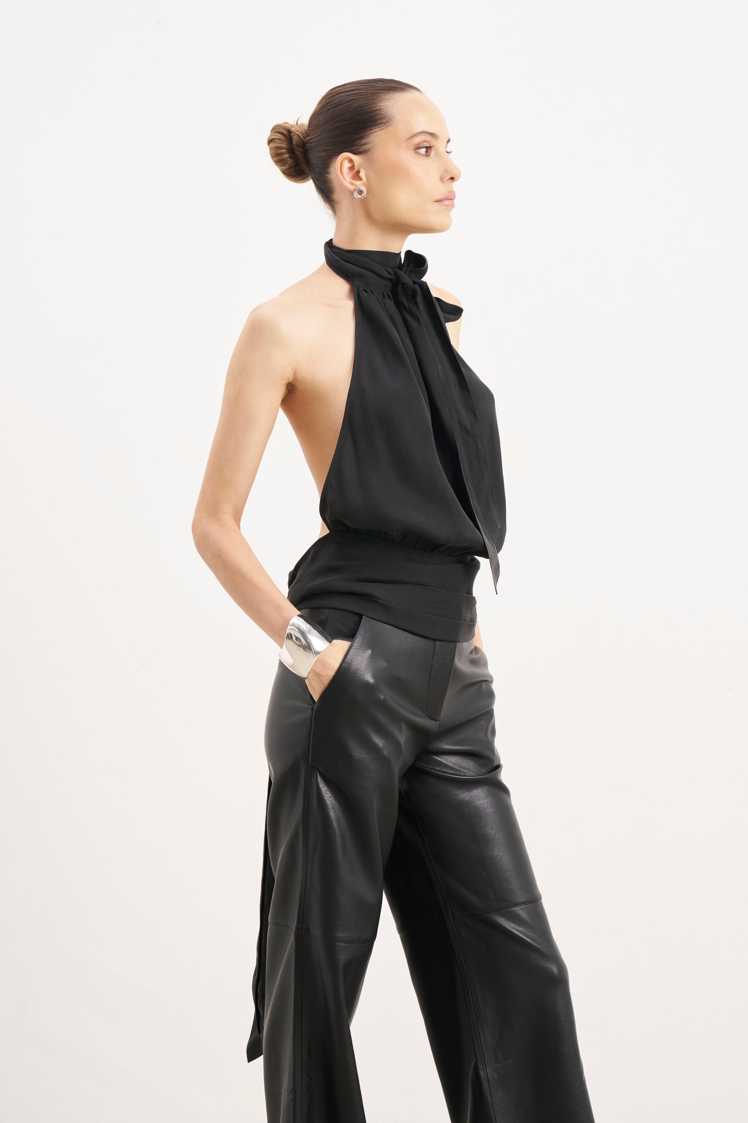 Tailored Leather Wide Leg Trousers - Black