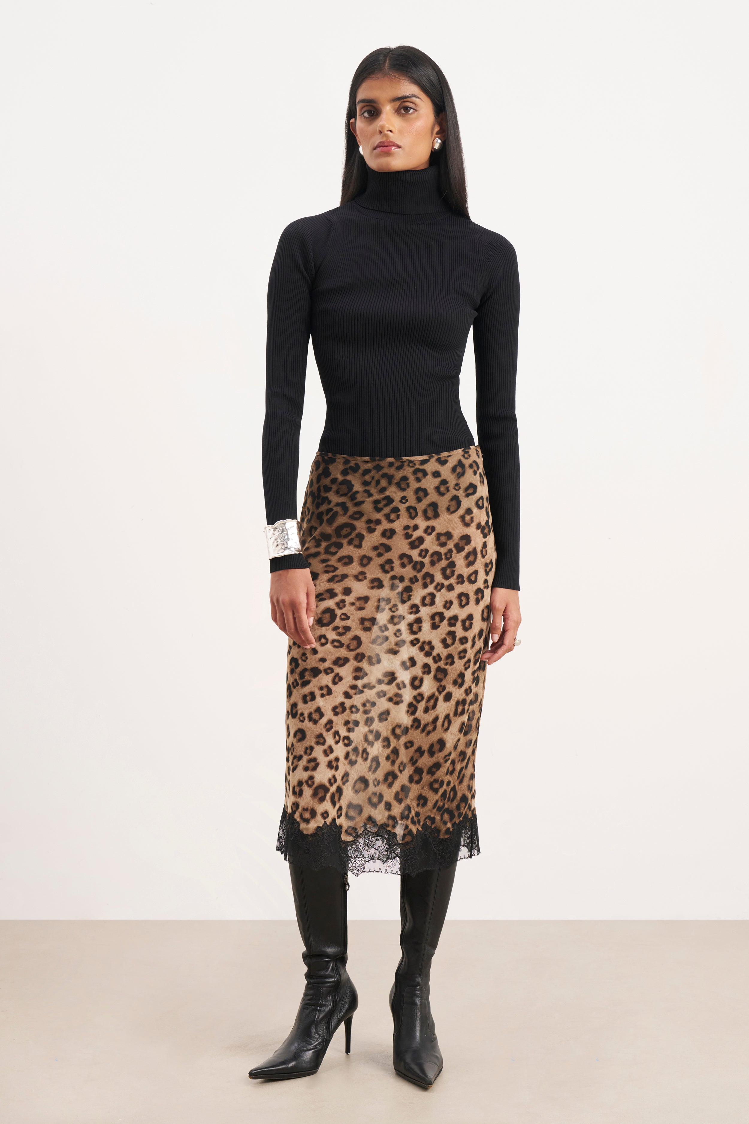 Chiffon Lace Detail Midi Skirt - Leopard Print