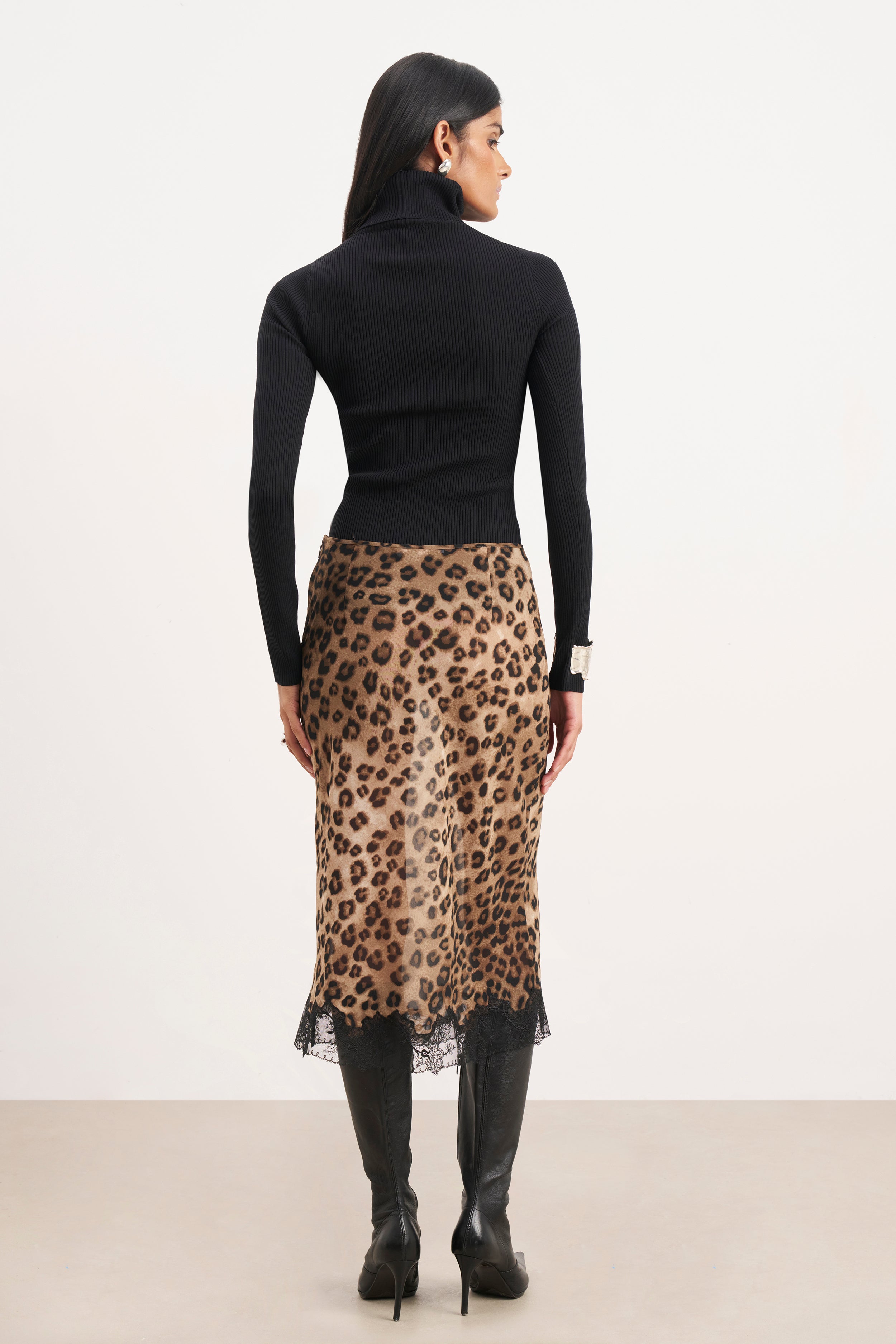 Chiffon Lace Detail Midi Skirt - Leopard Print
