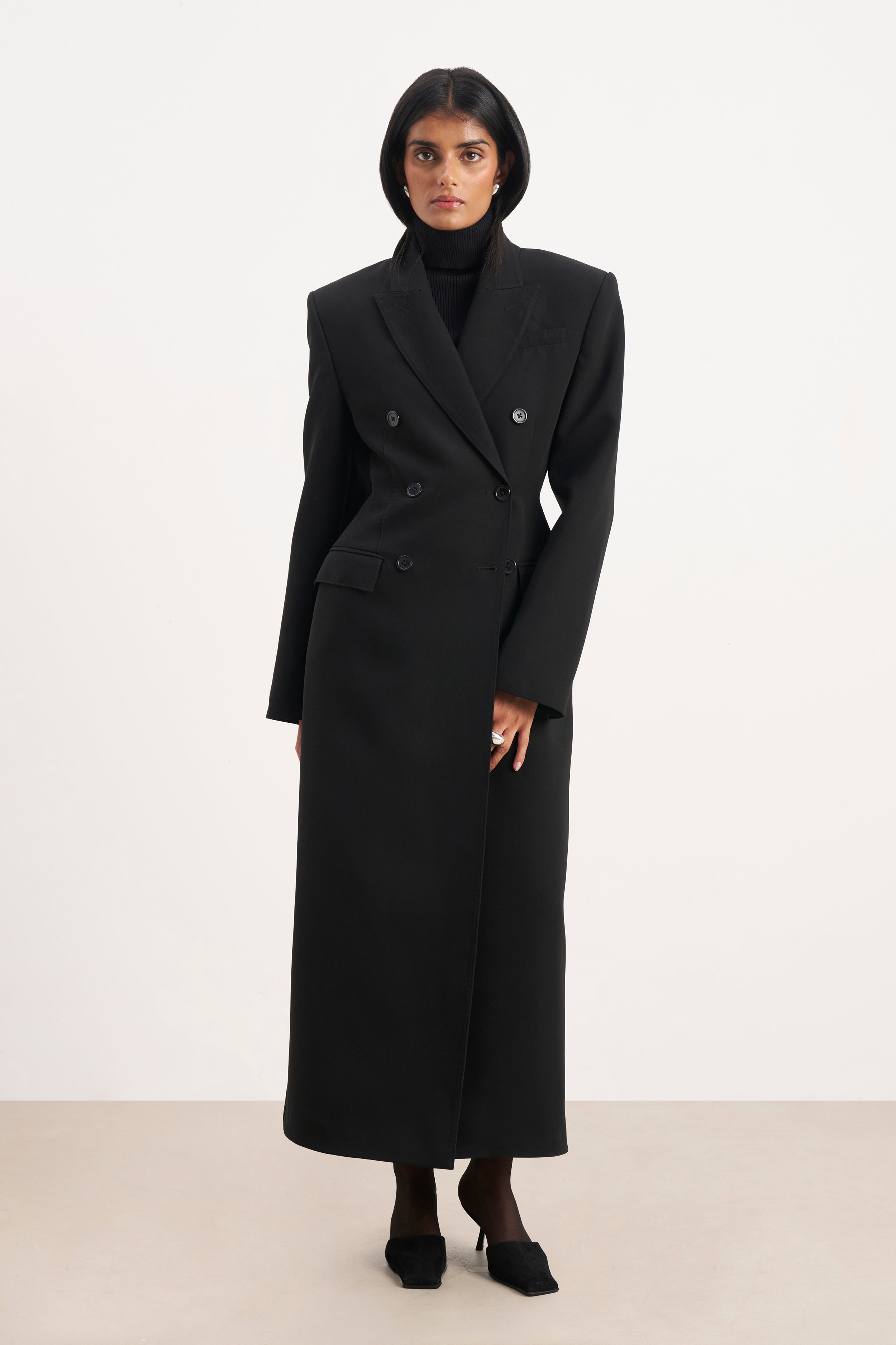 Structured Double Breasted Hourglass Coat - Black