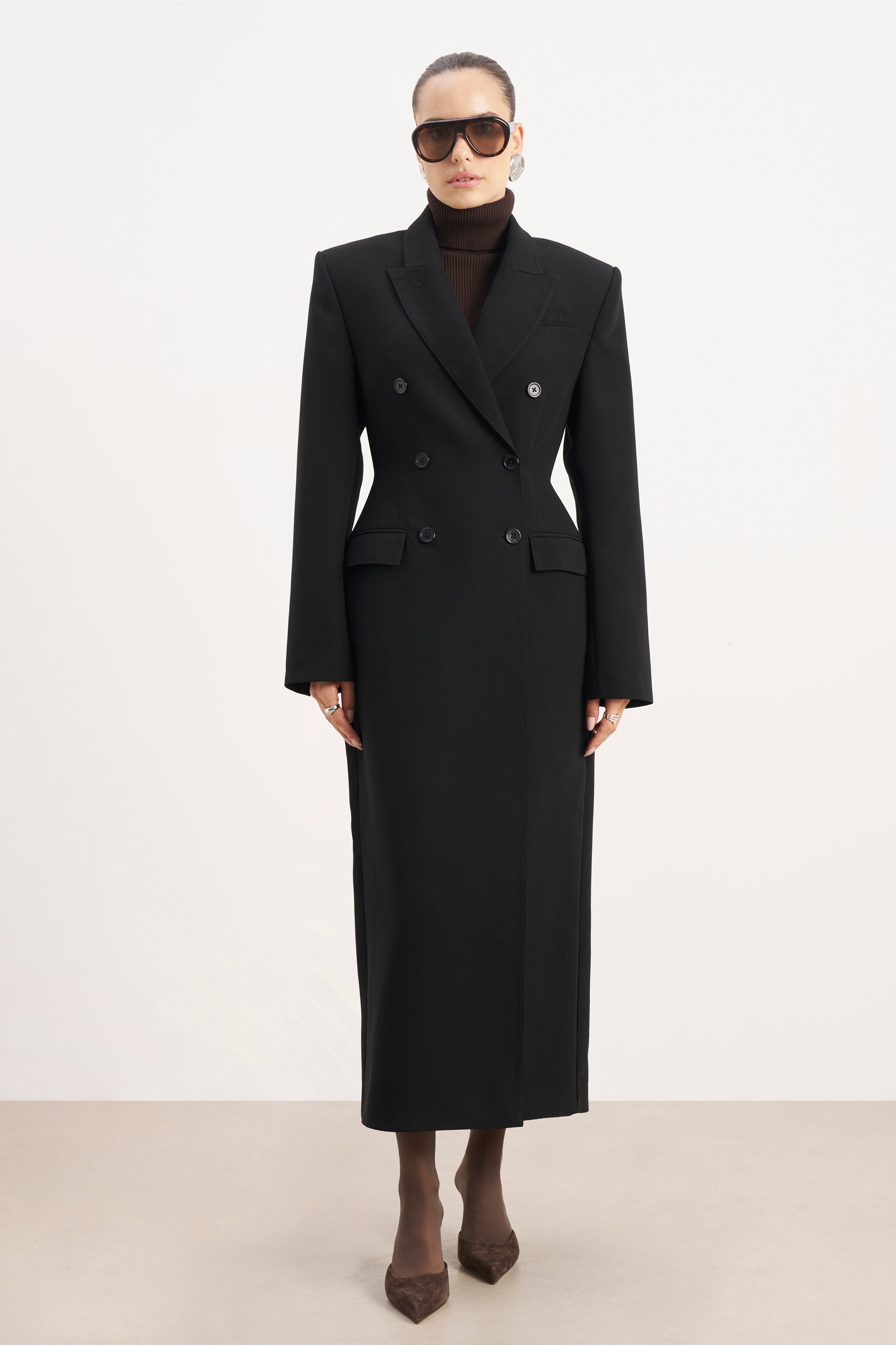 Structured Double Breasted Hourglass Coat - Black