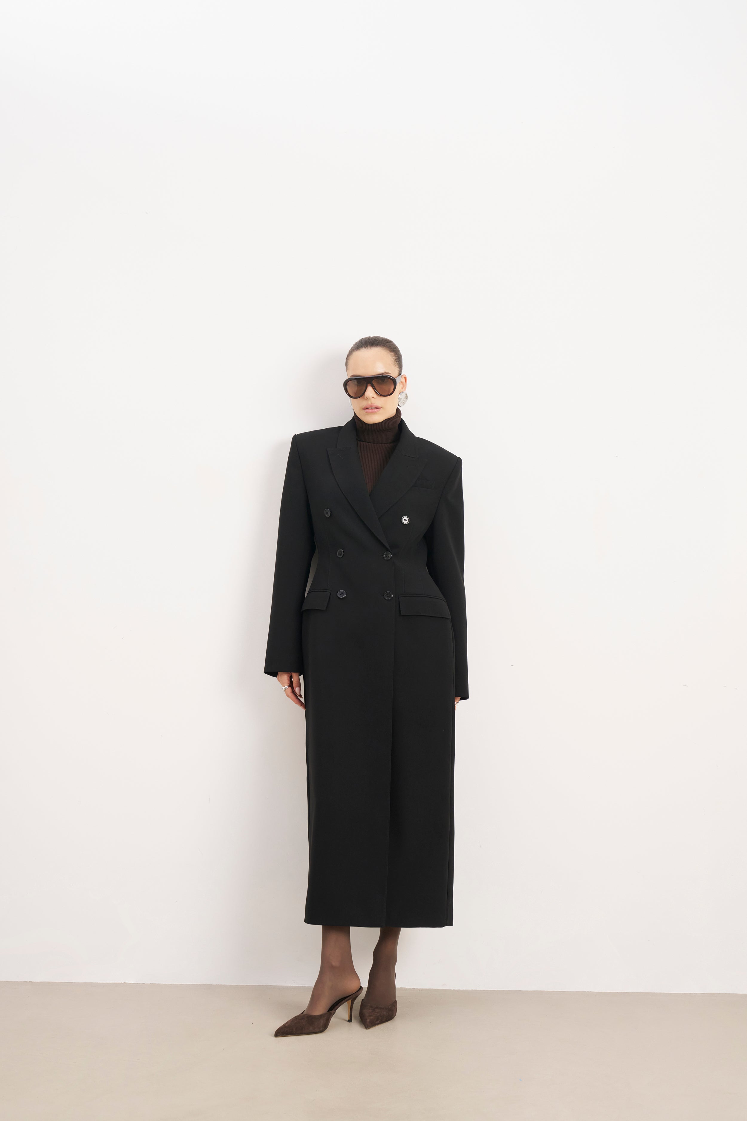 Structured Double Breasted Hourglass Coat - Black