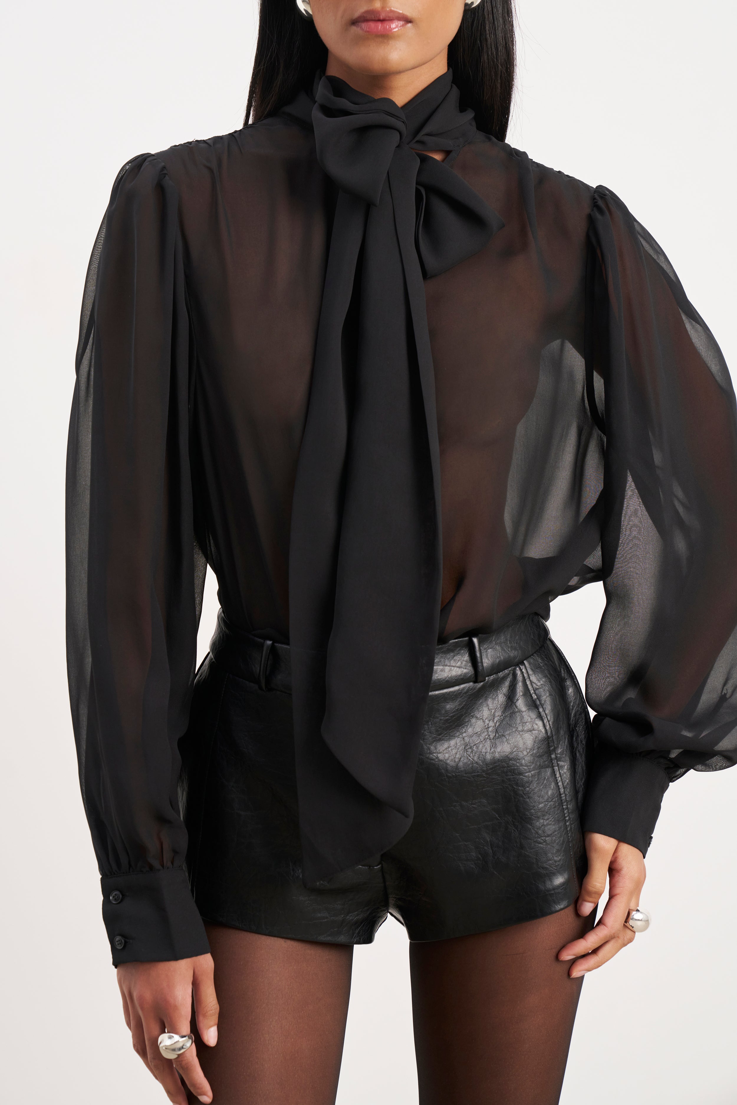 Sheer Chiffon Tie Neck Blouse - Black