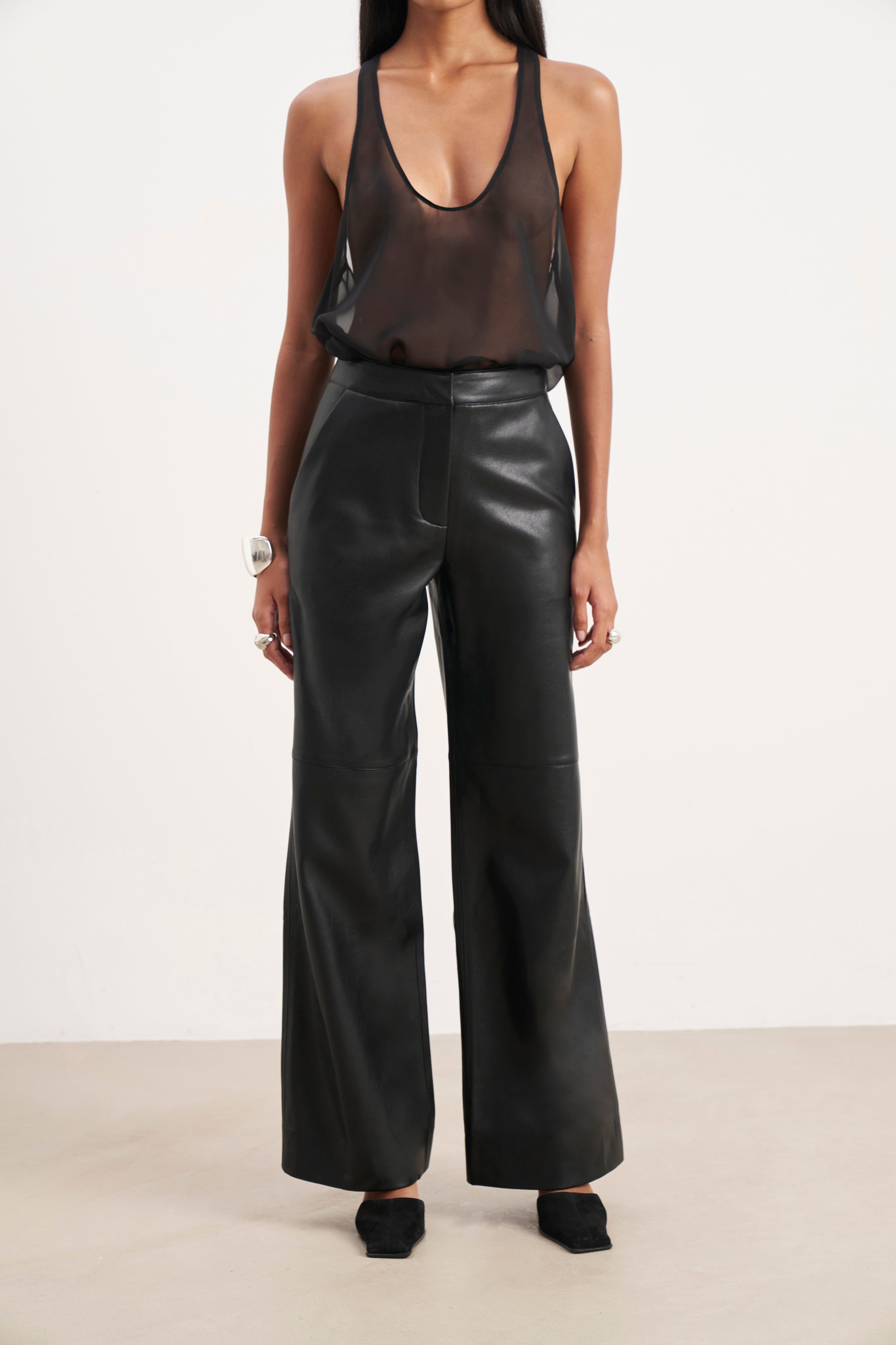 Tailored Leather Wide Leg Trousers - Black