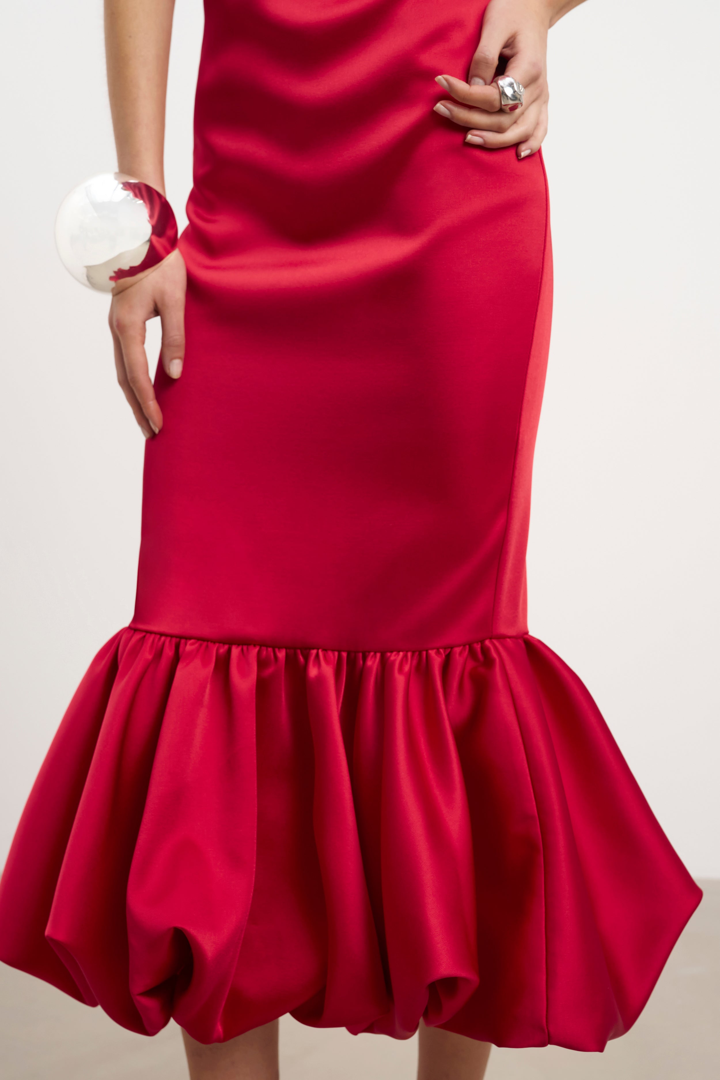 Satin Bubble Hem Midi Dress - Scarlet