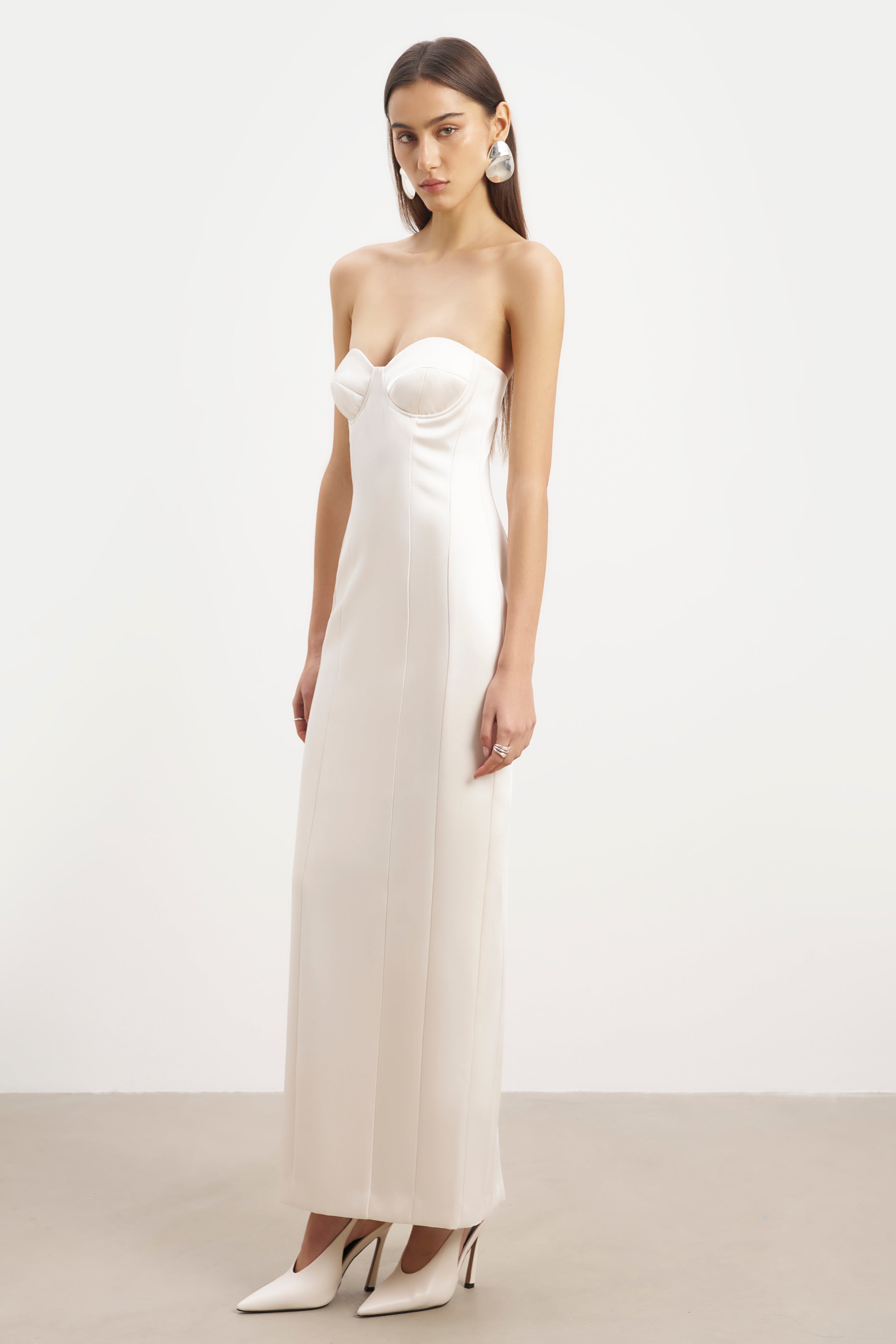 Satin Column Corset Maxi Dress - Cream