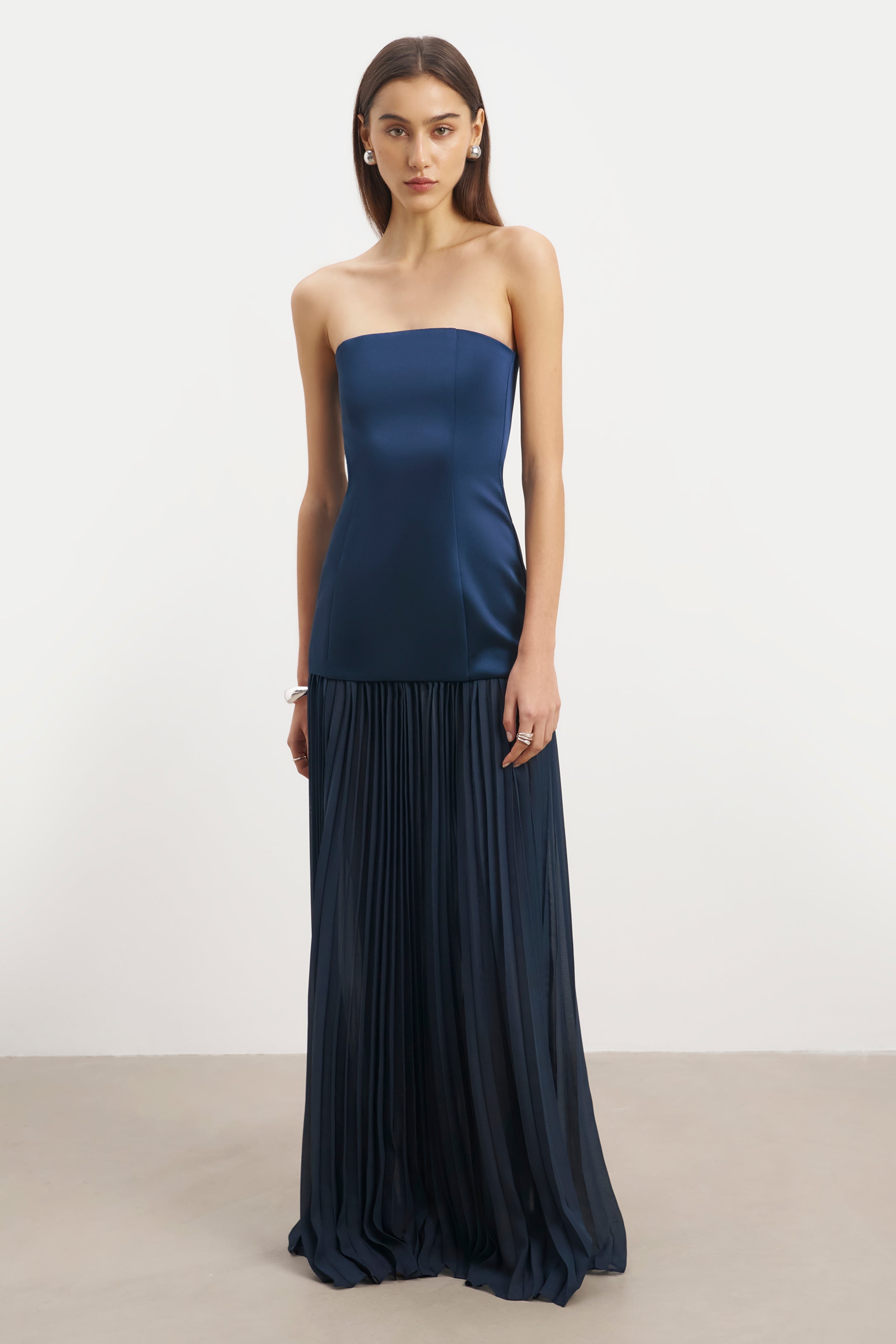 Satin Structured Bodice Gown - Navy
