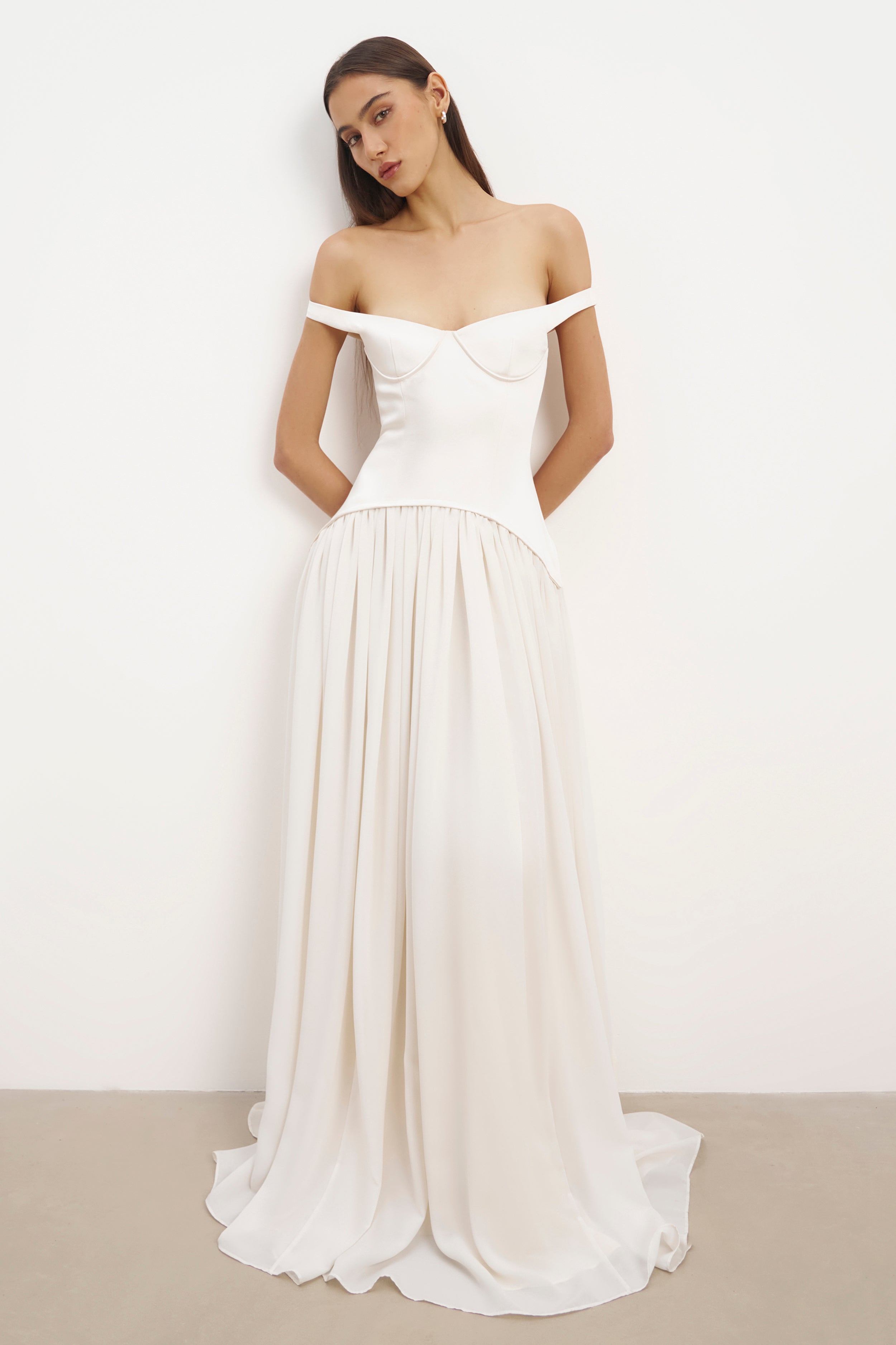 Satin Corset Off Shoulder Gown - Cream