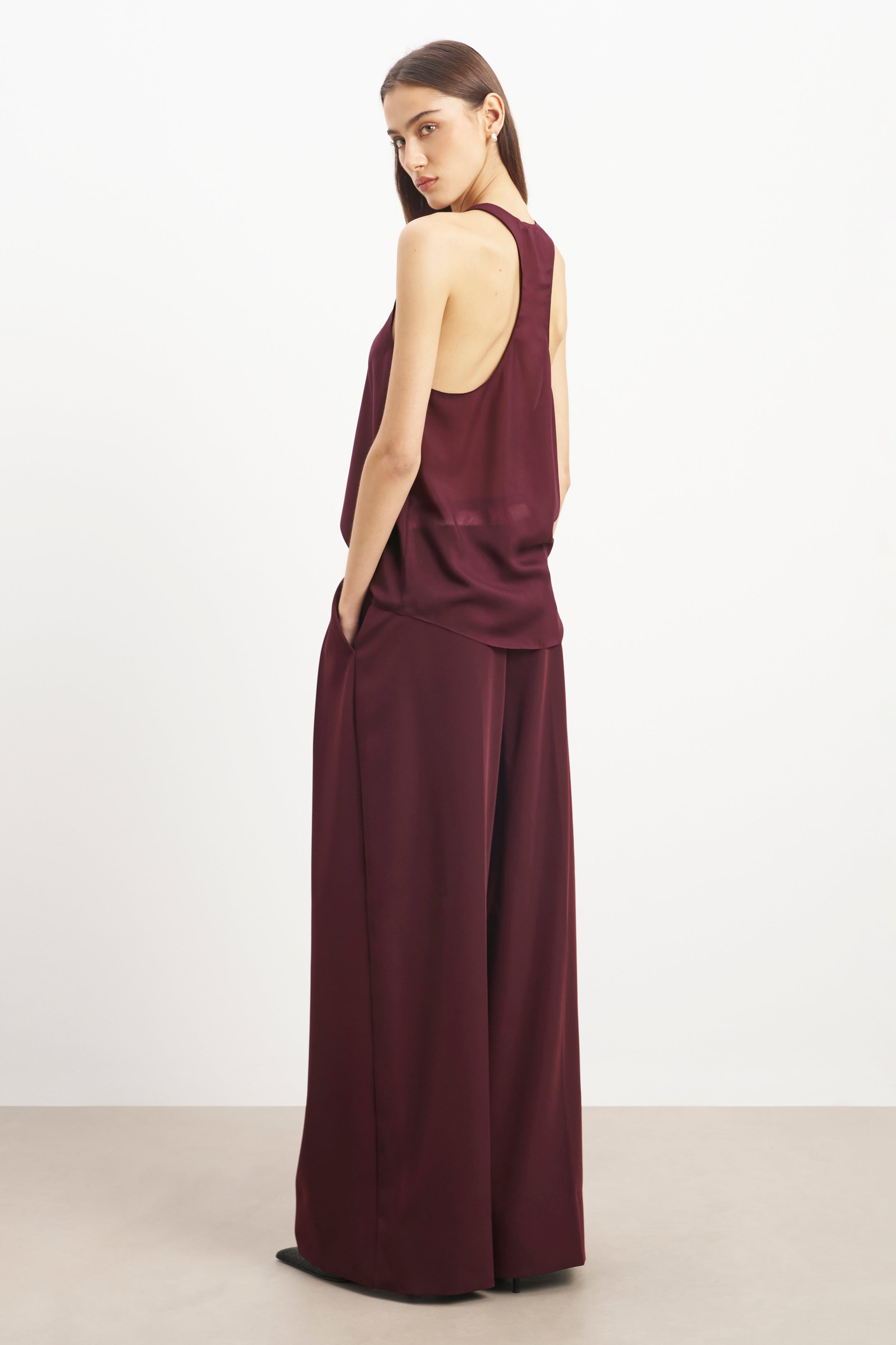 Sheer Plunge U Neck Tank Top - Mulberry