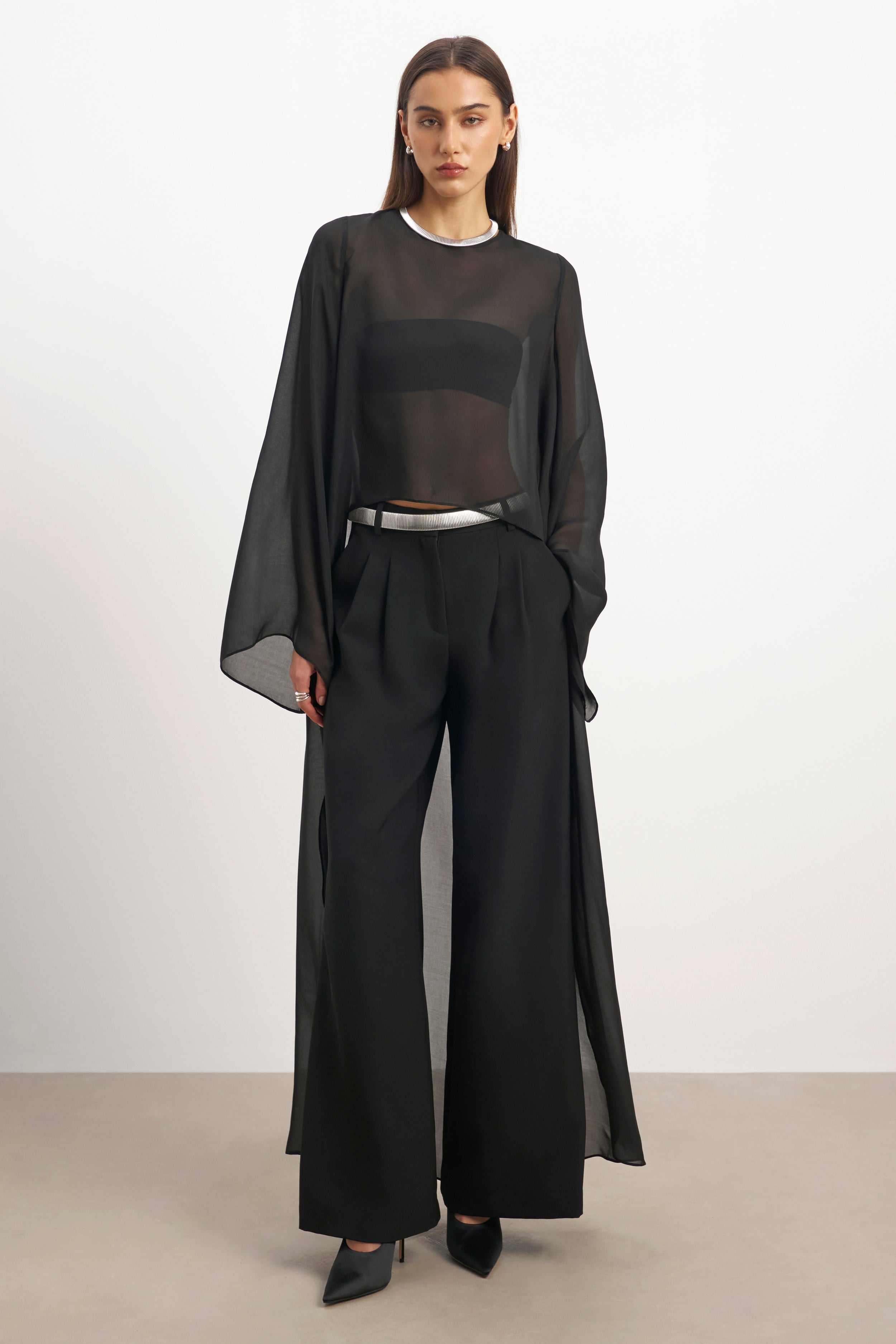 Sheer Chiffon Cape Blouse - Black