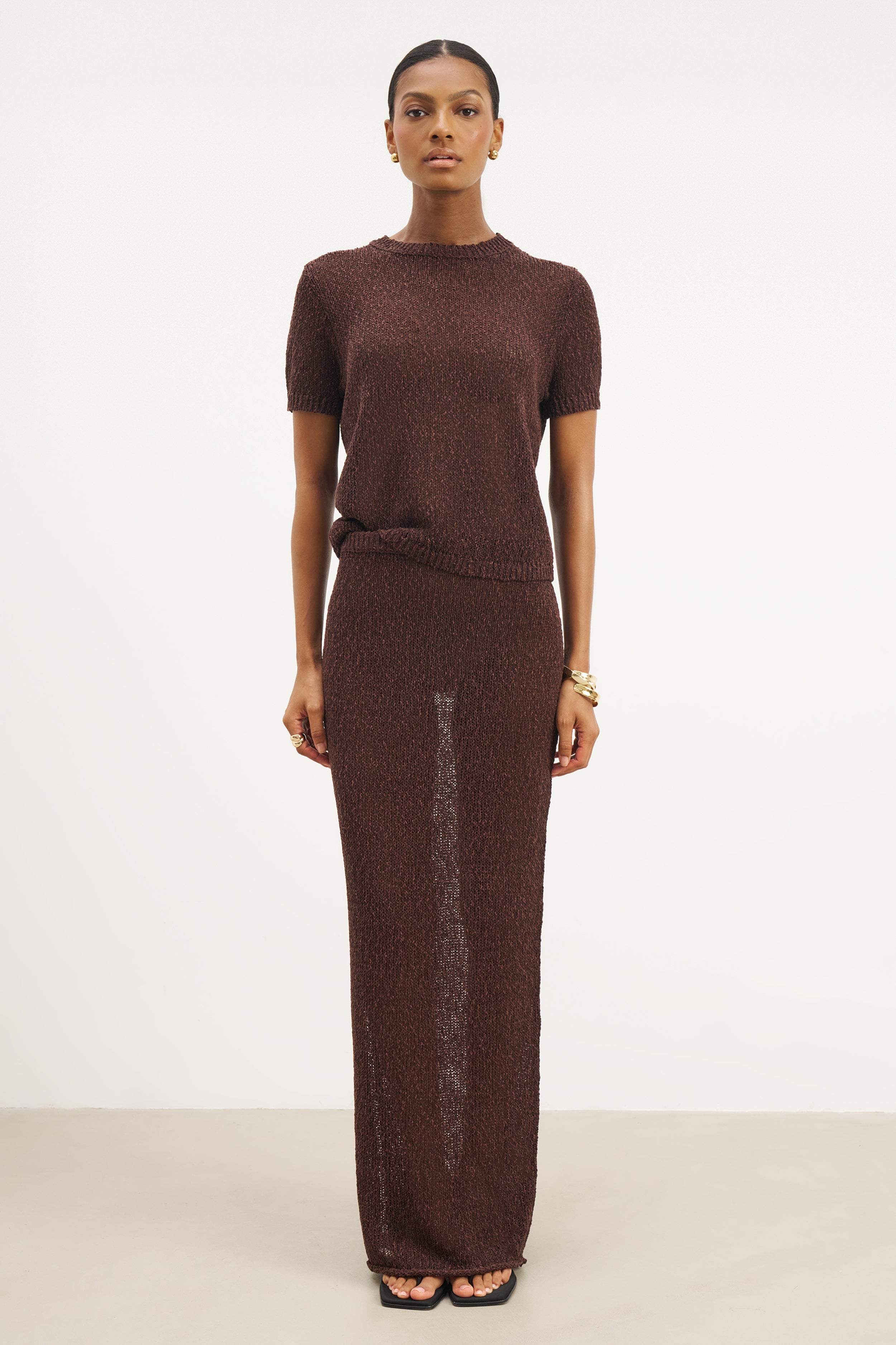 Crochet Knit Maxi Skirt - Carob