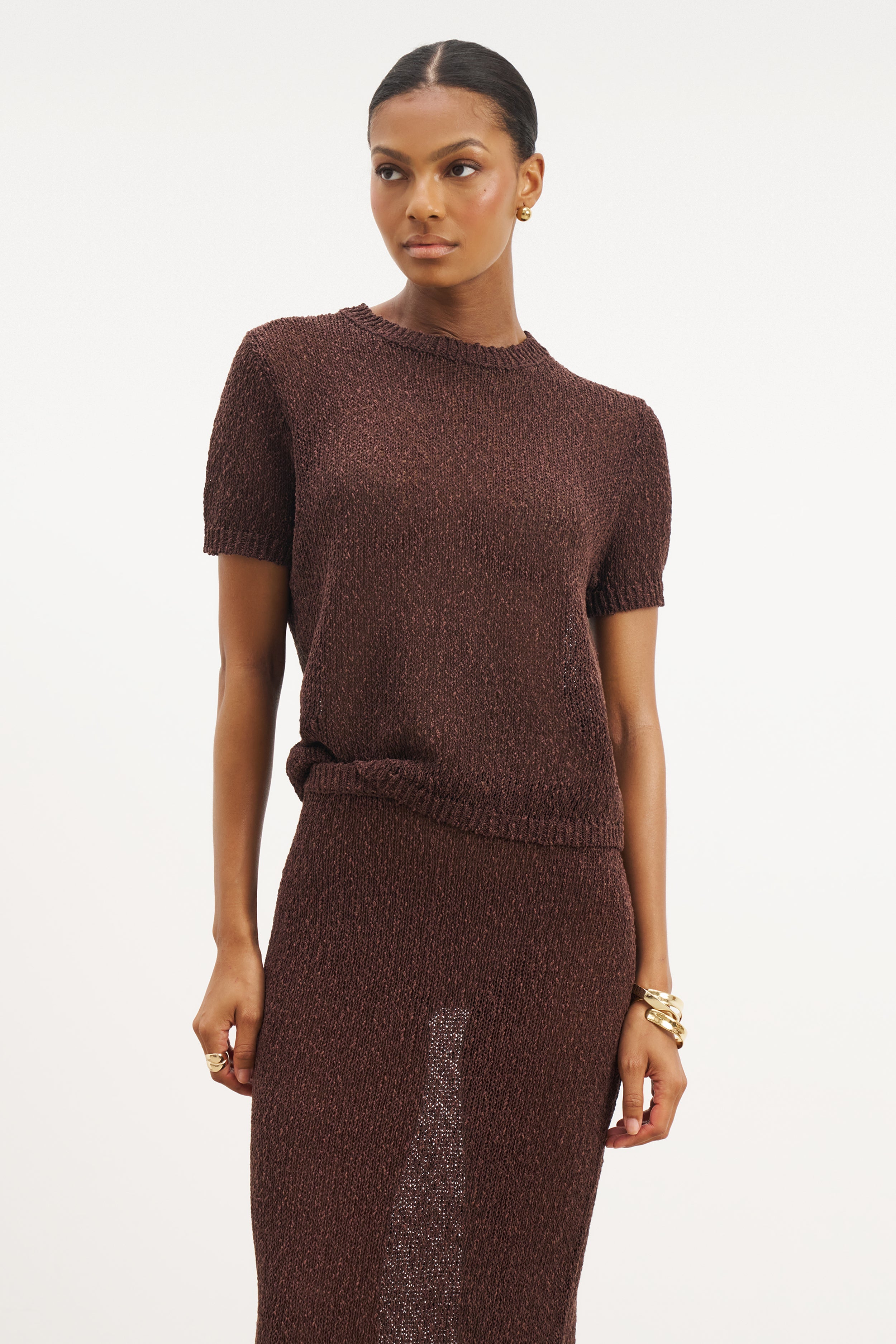 Crochet Knit Relaxed T Shirt - Carob