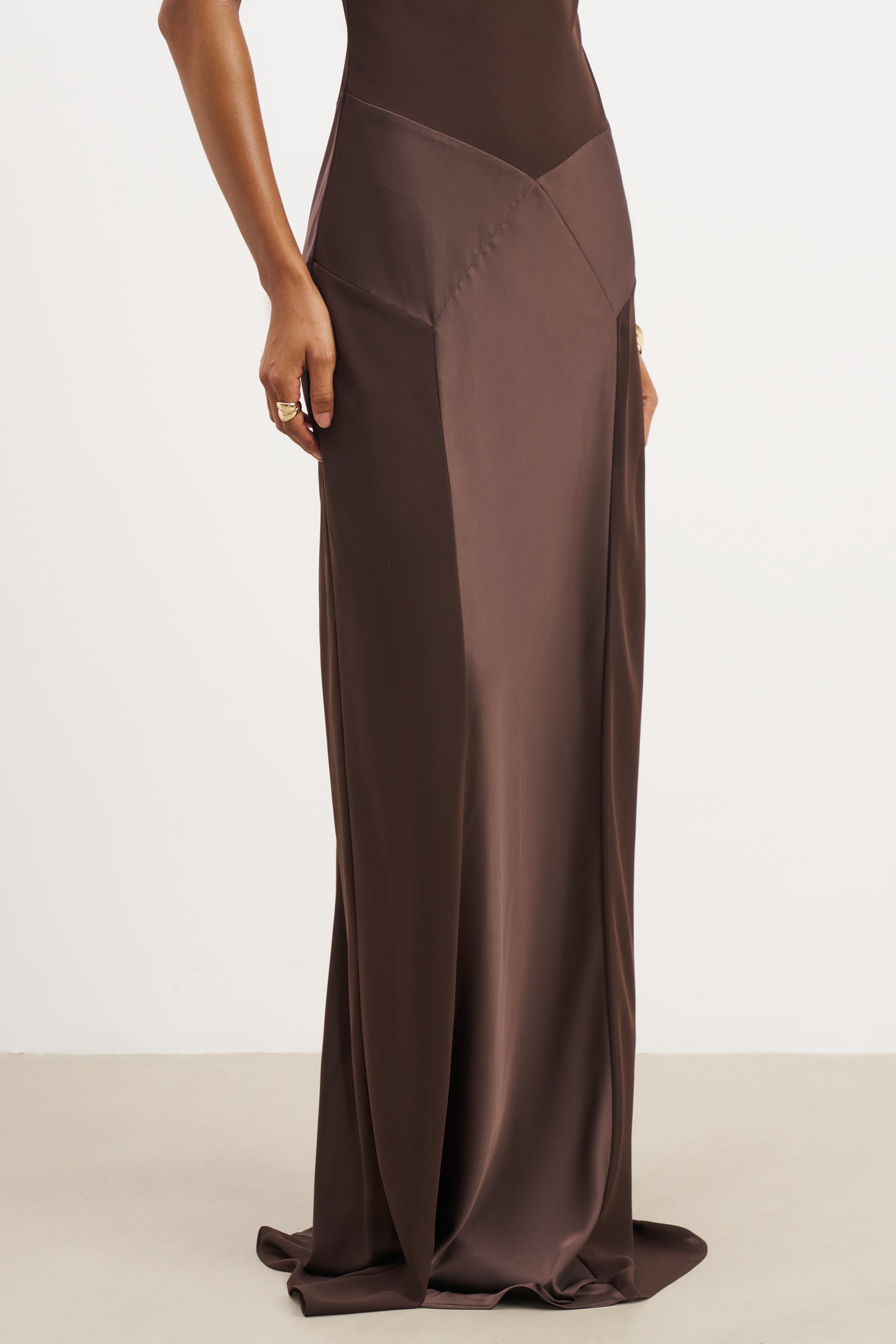 Cowl Neck Satin Panel Gown - Carob