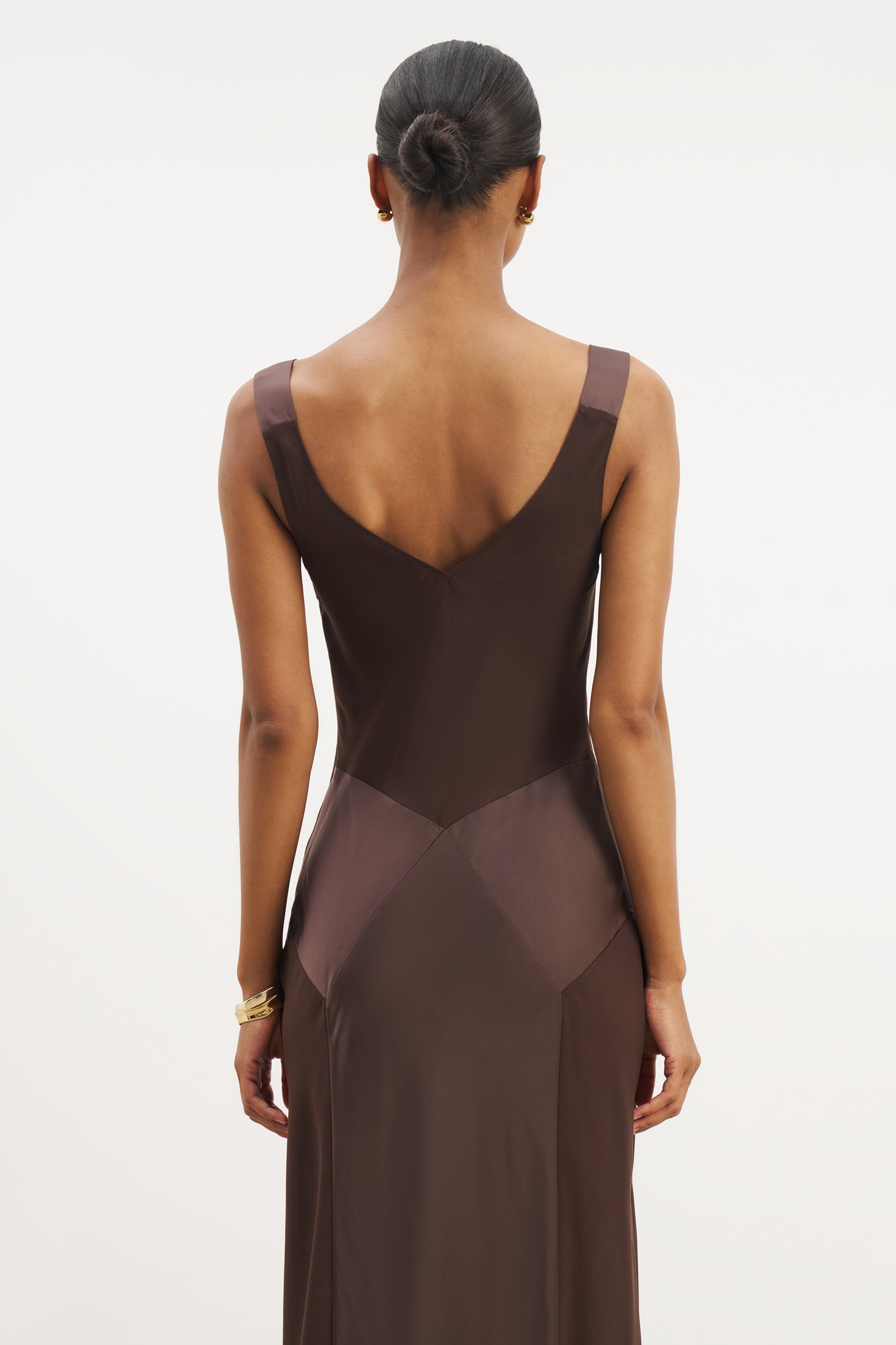 Cowl Neck Satin Panel Gown - Carob