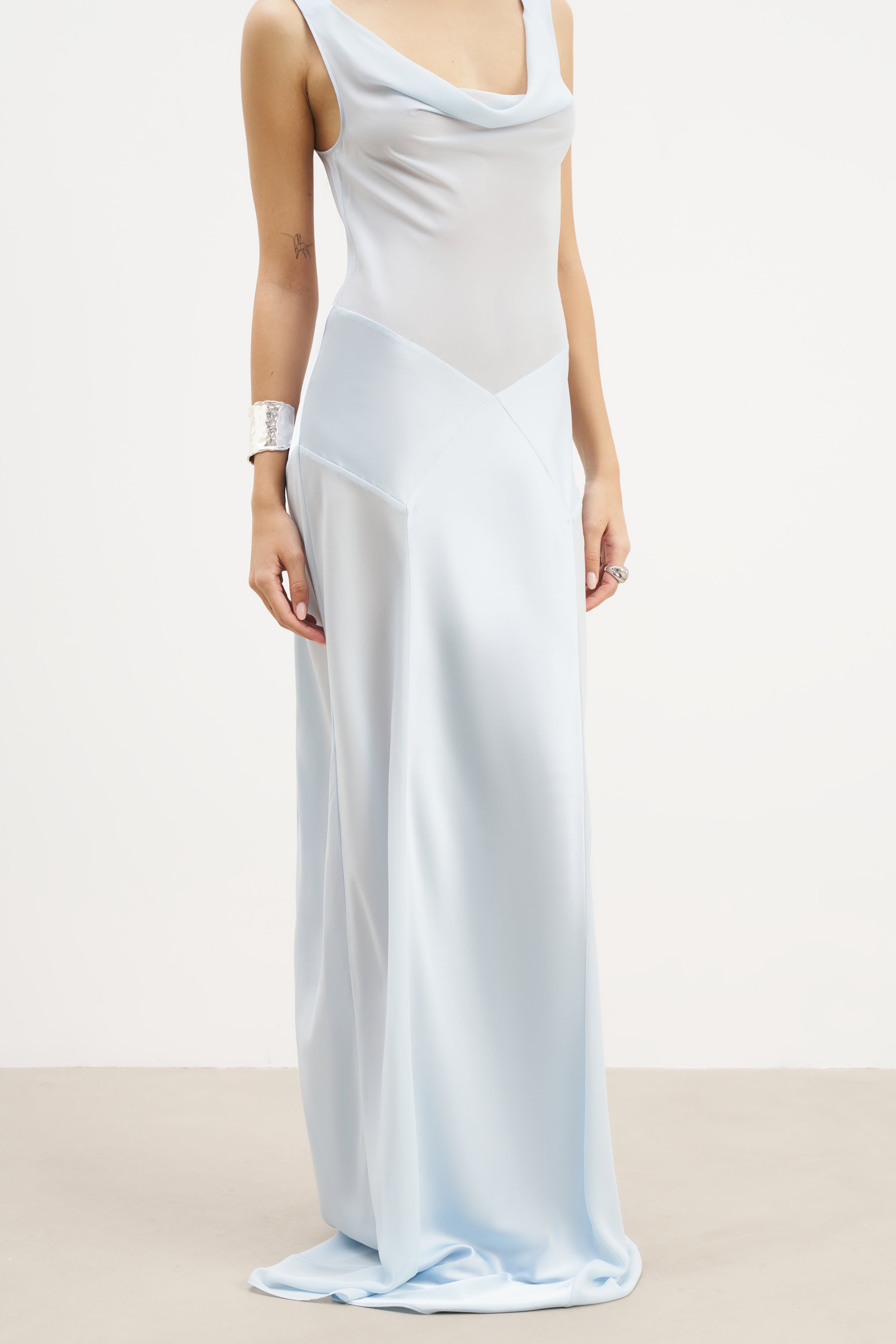 Cowl Neck Satin Panel Gown - Powder Blue