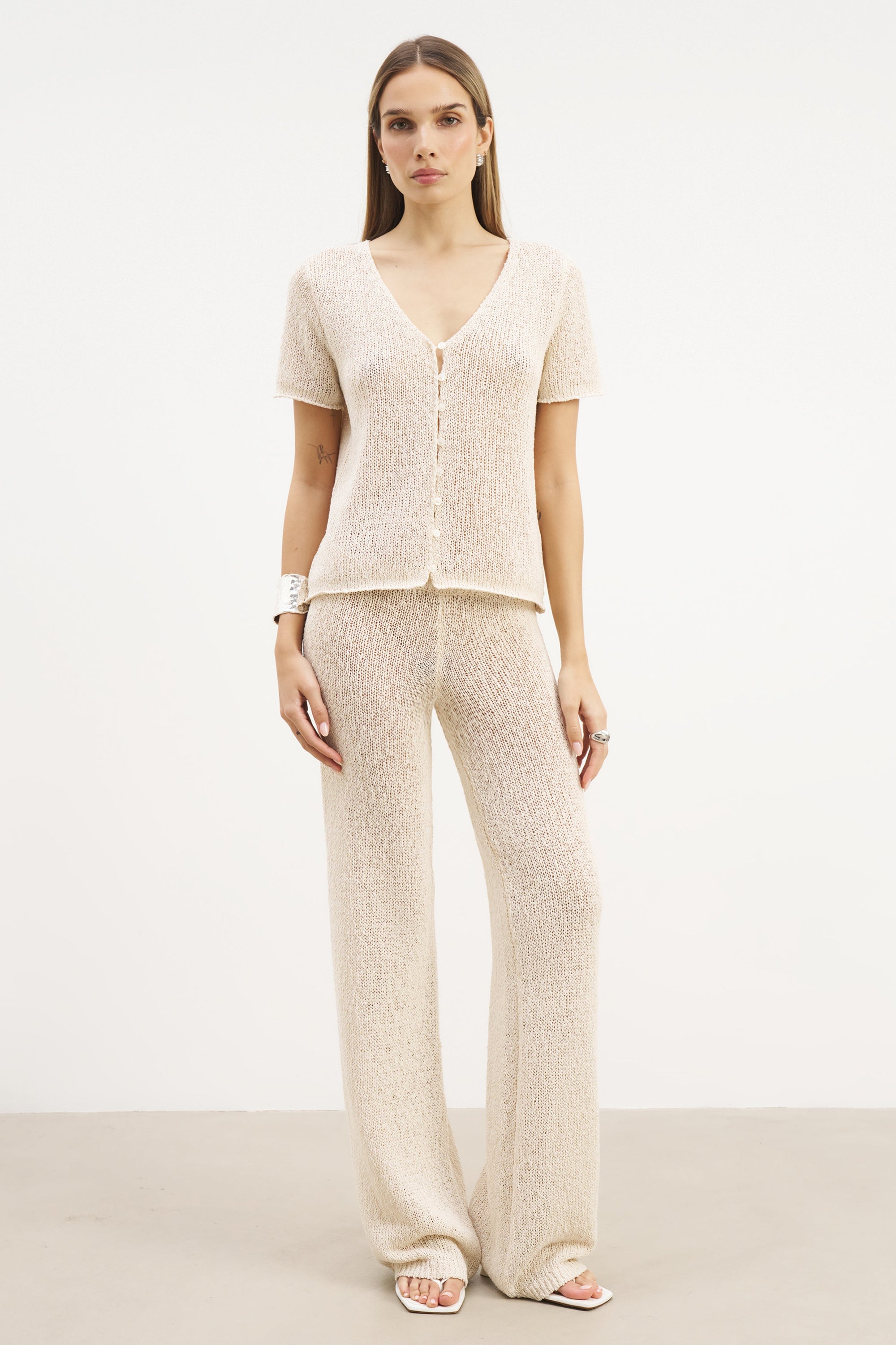 Crochet Knit Button Up Top - Cream