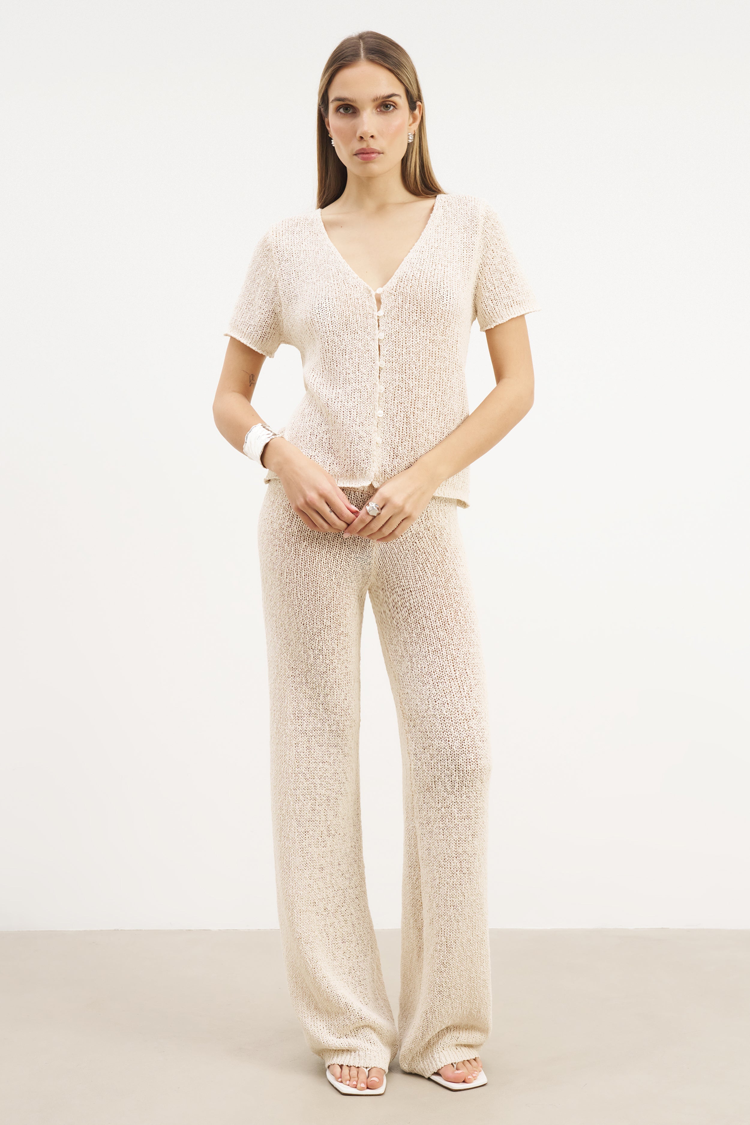 Crochet Knit Wide Leg Trousers - Cream