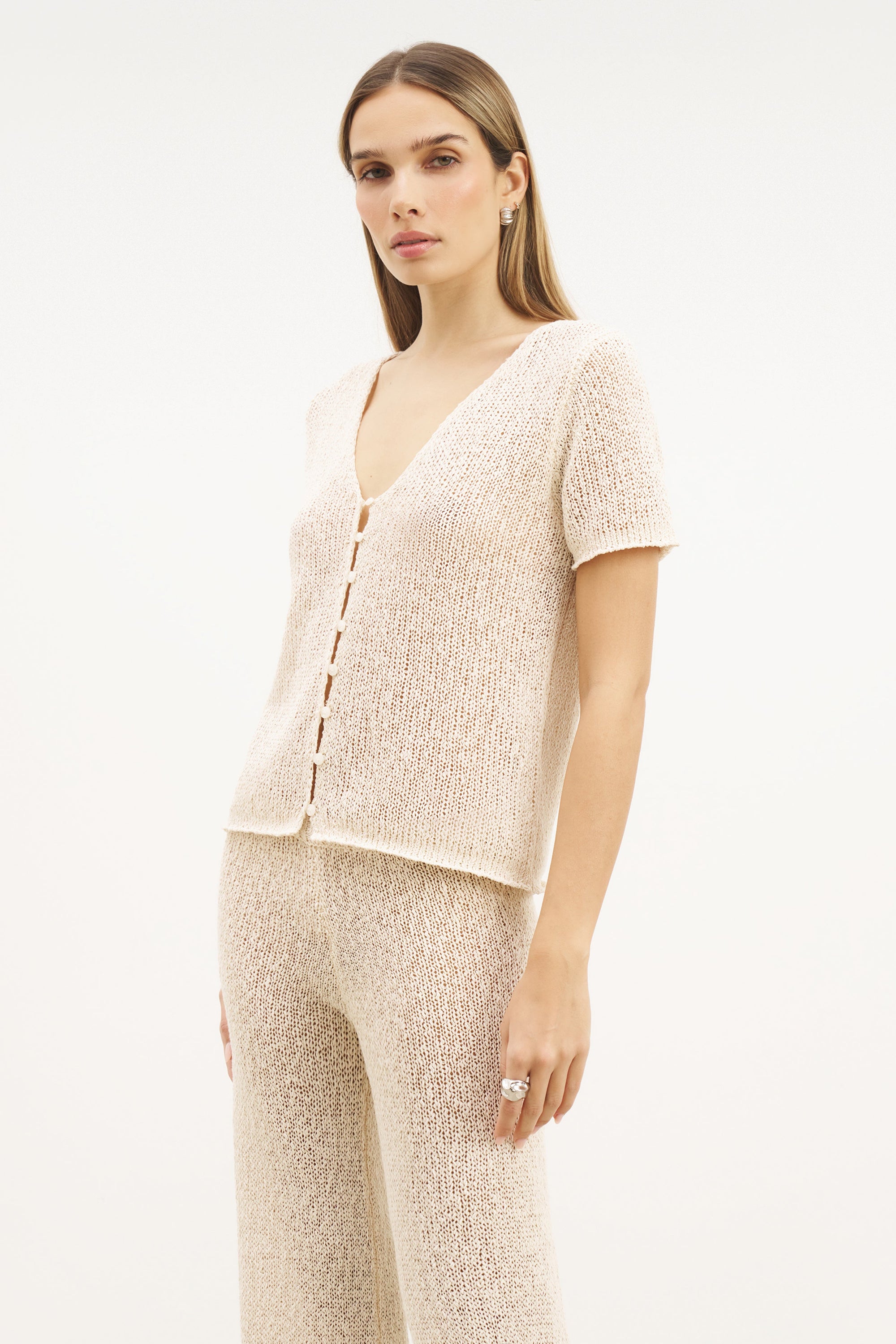 Crochet Knit Button Up Top - Cream