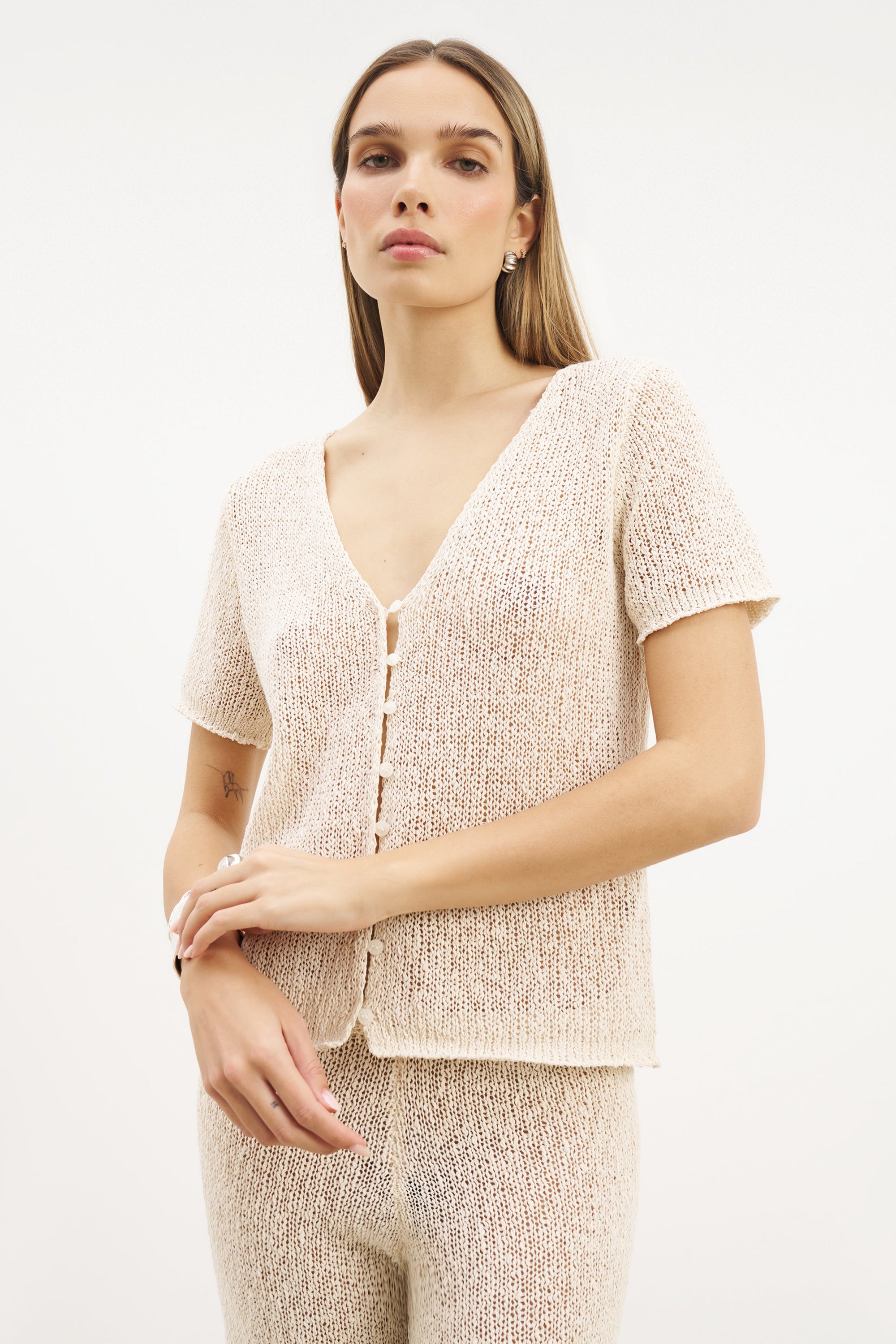 Crochet Knit Button Up Top - Cream