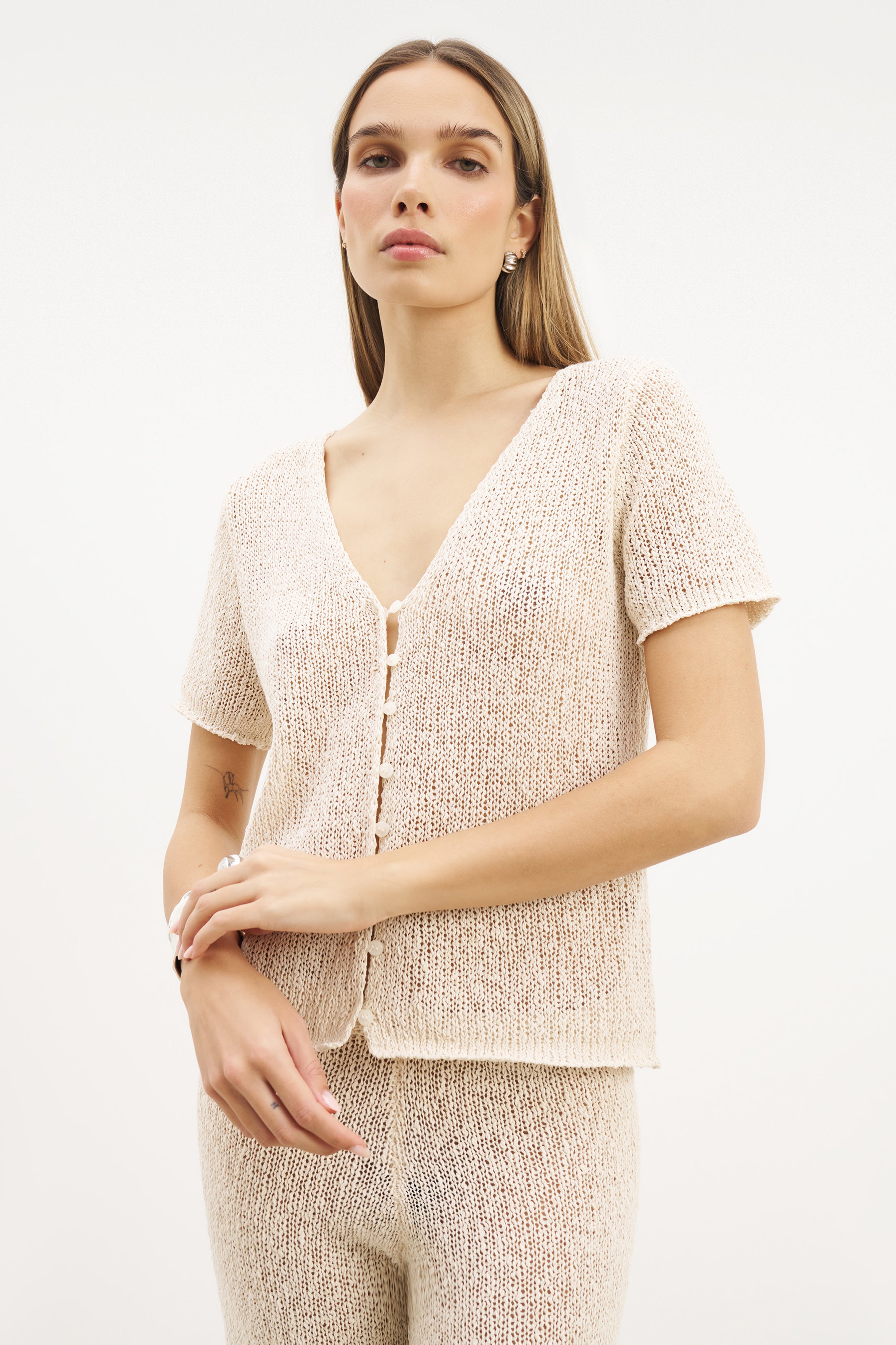 Crochet Knit Button Up Top - Cream