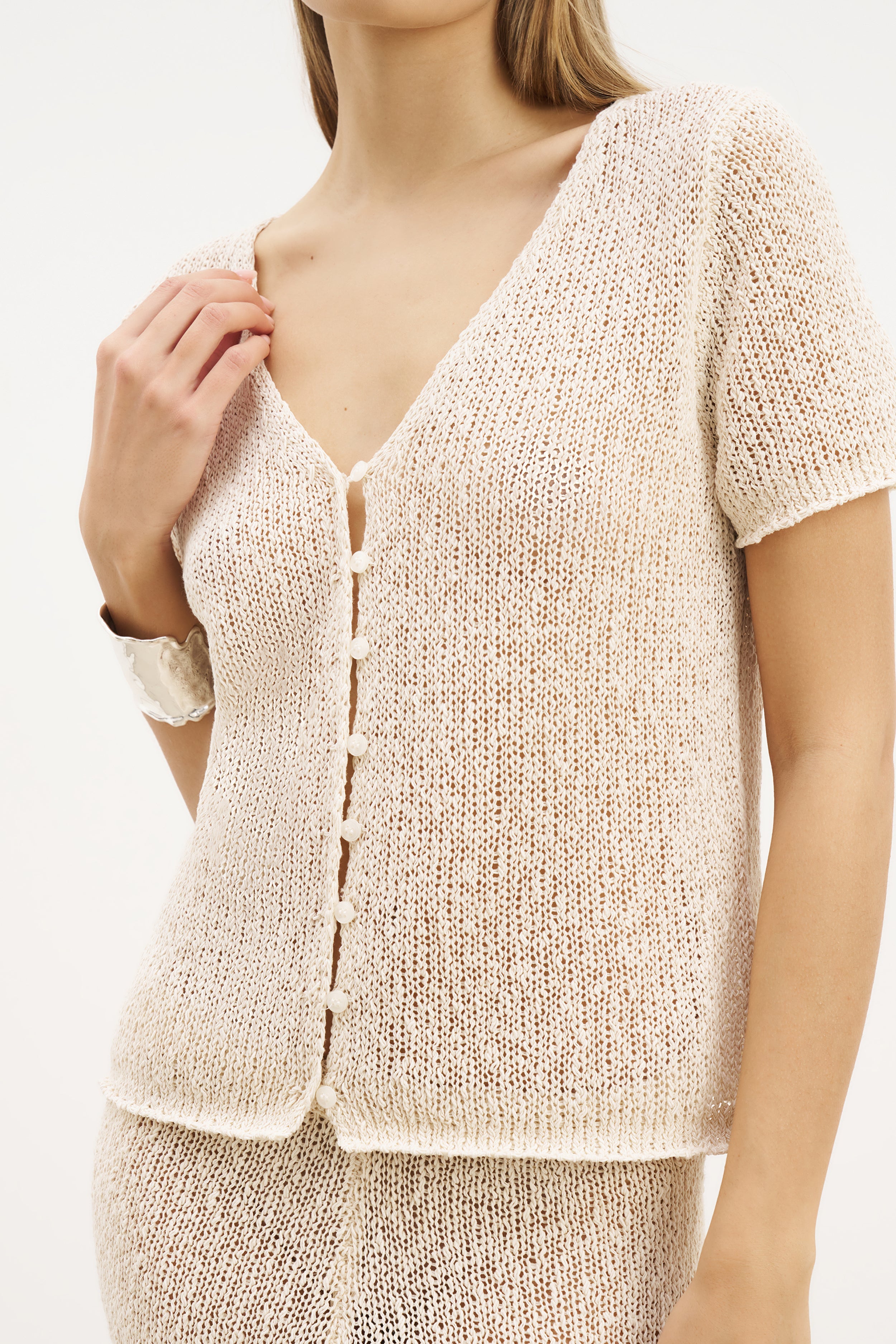 Crochet Knit Button Up Top - Cream