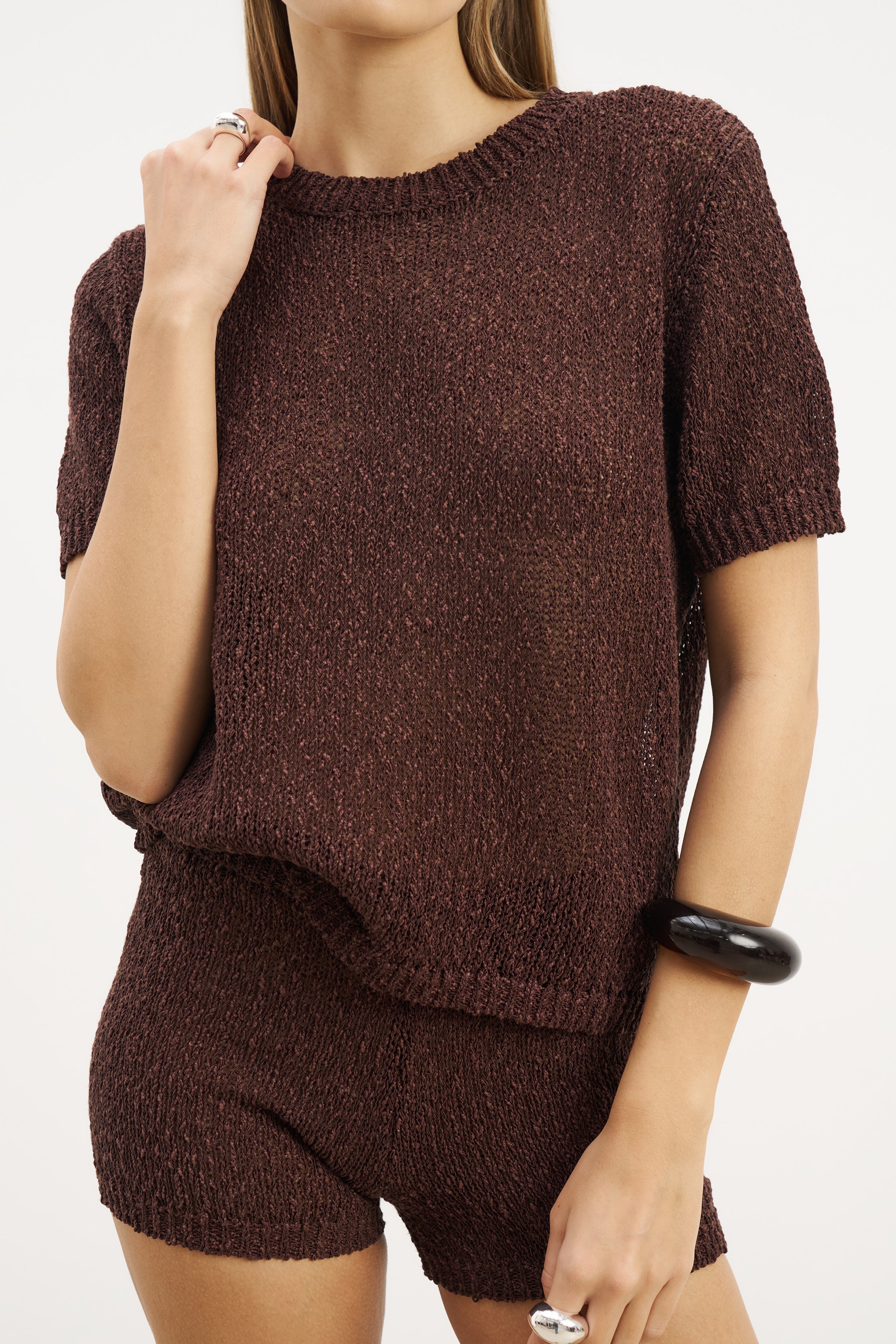 Crochet Knit Relaxed T Shirt - Carob