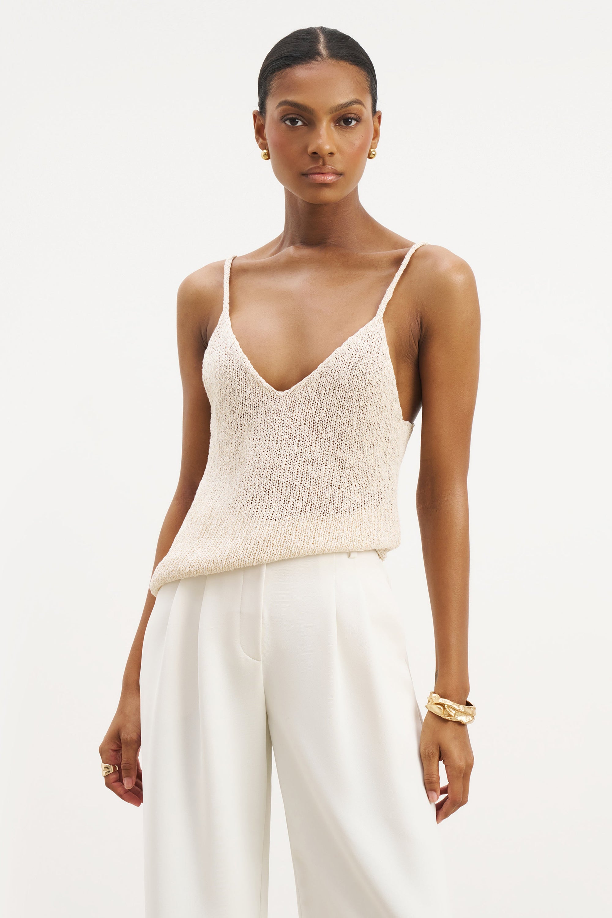Crochet Knit Plunging Cami Top - Cream